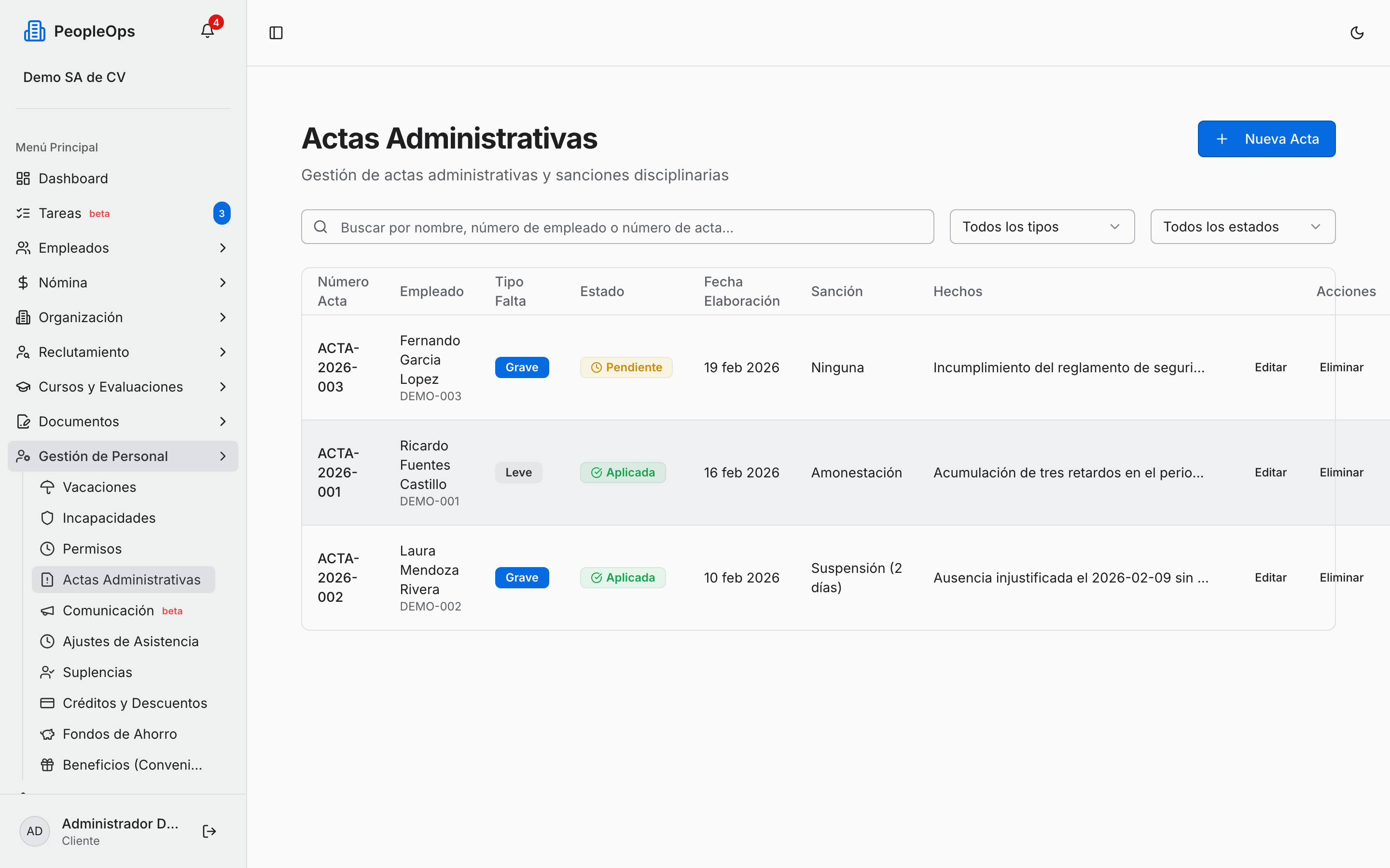 Listado de actas administrativas