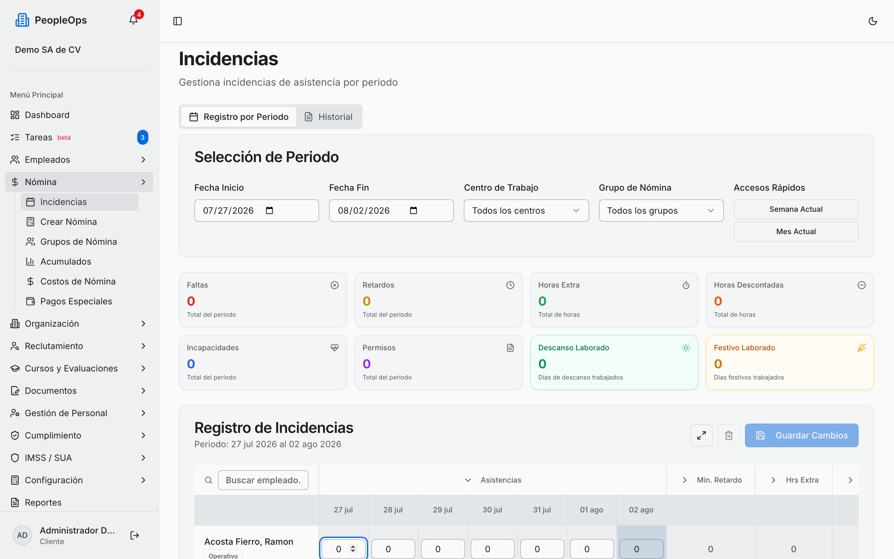 Captura de una incidencia en el día de un empleado