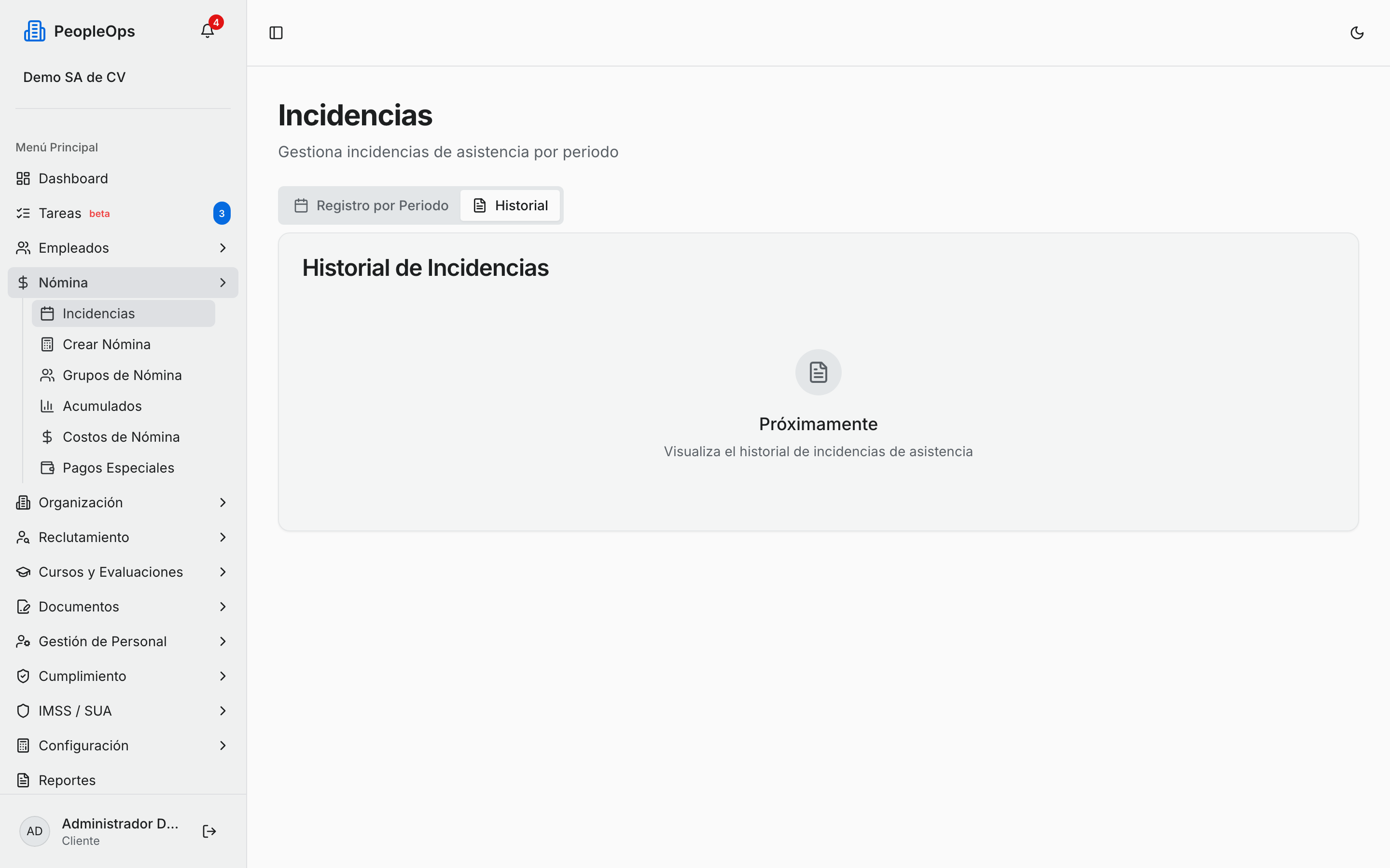 Pestaña de historial de asistencia