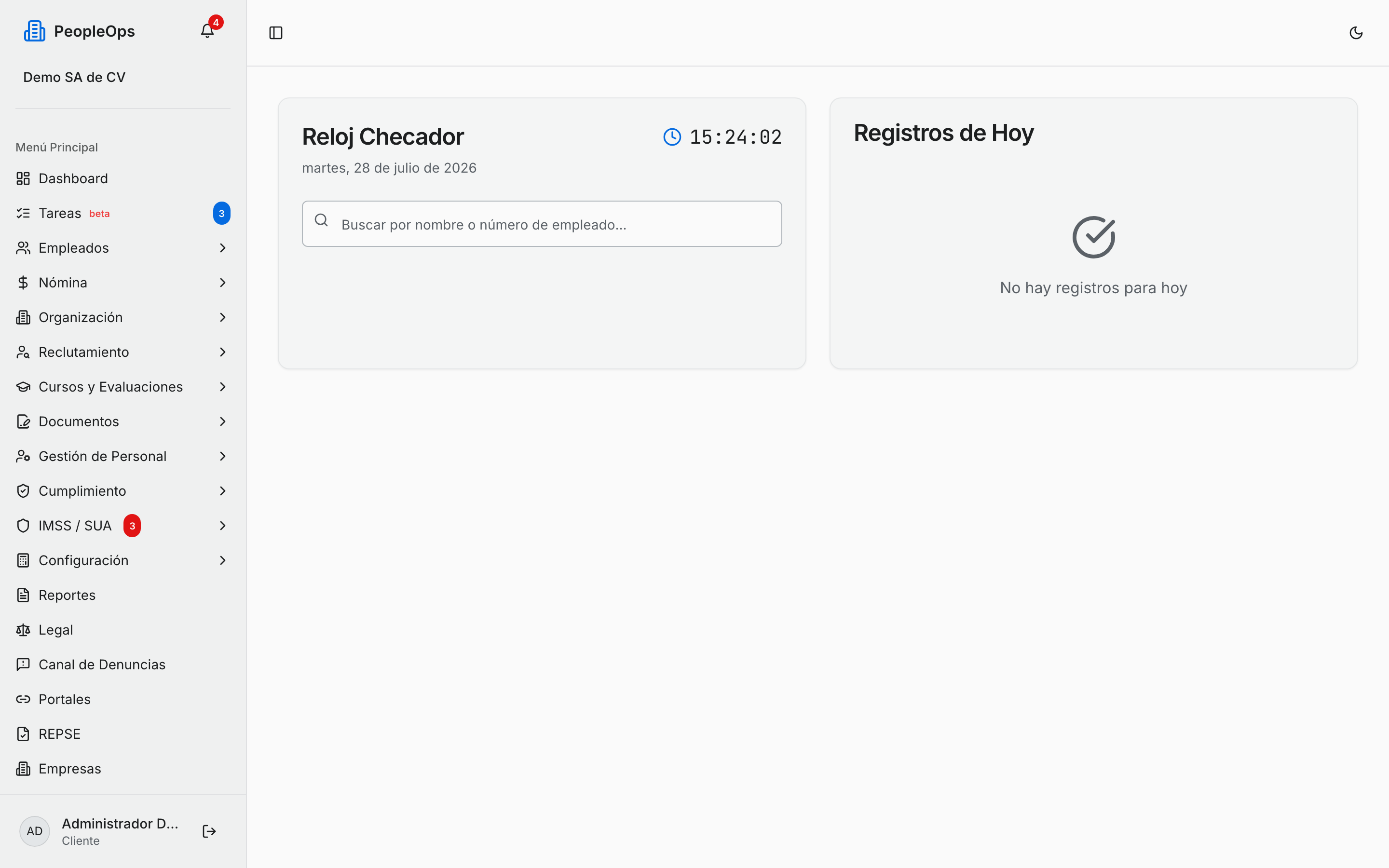Pantalla del reloj checador, con el buscador y la tarjeta Registros de Hoy antes de que alguien marque