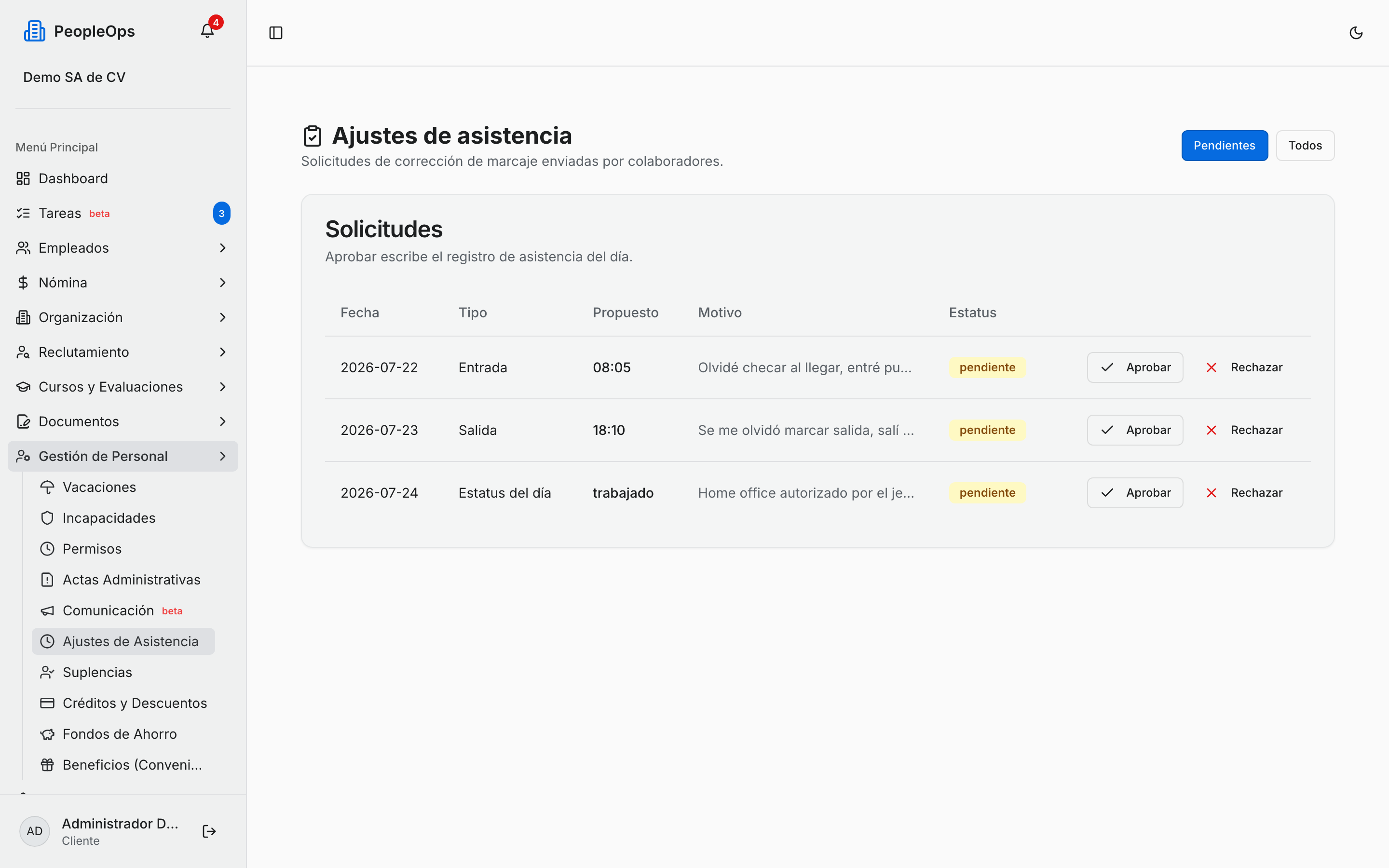 Correcciones de asistencia pendientes de aprobar