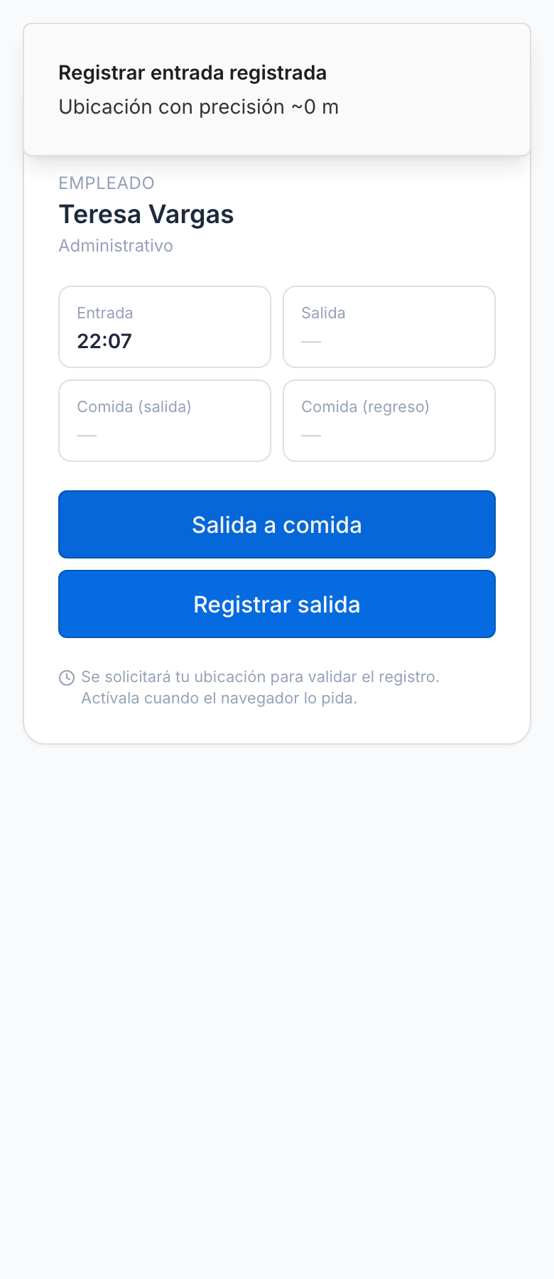 Pantalla pública Registro de asistencia en un celular: nombre del empleado y su turno, los cuatro cuadros de Entrada, Salida, Comida (salida) y Comida (regreso) con la entrada ya marcada, y el botón Salida a comida disponible