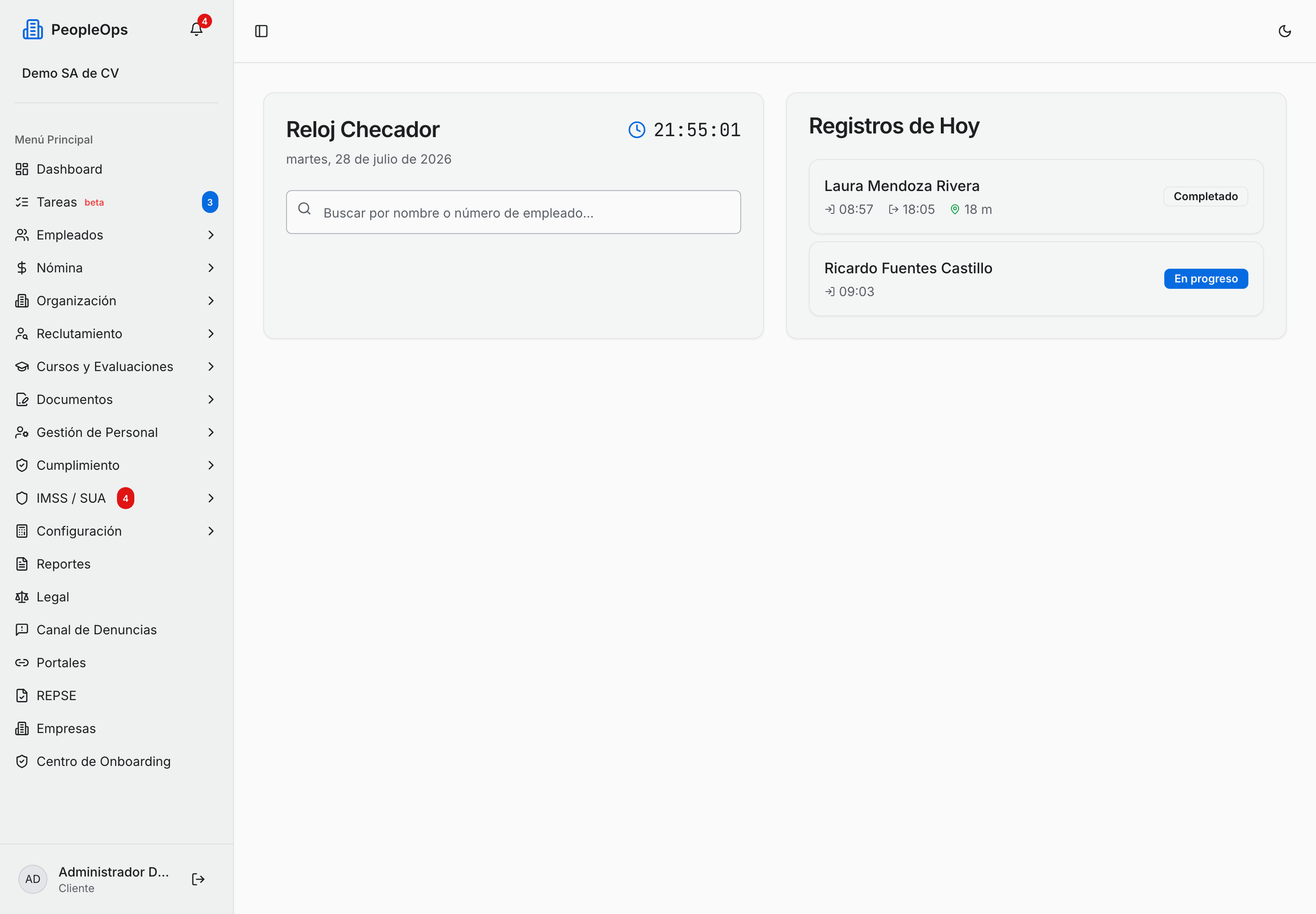 Tarjeta Registros de Hoy con dos marcajes: uno con etiqueta En progreso y otro Completado, y en el que vino del portal el pin verde de ubicación con los metros de distancia