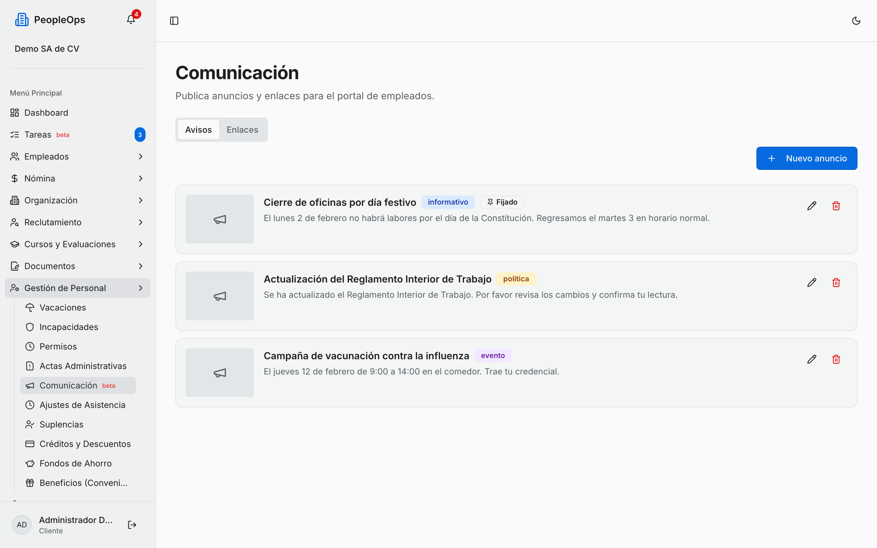 El listado de avisos ya publicados