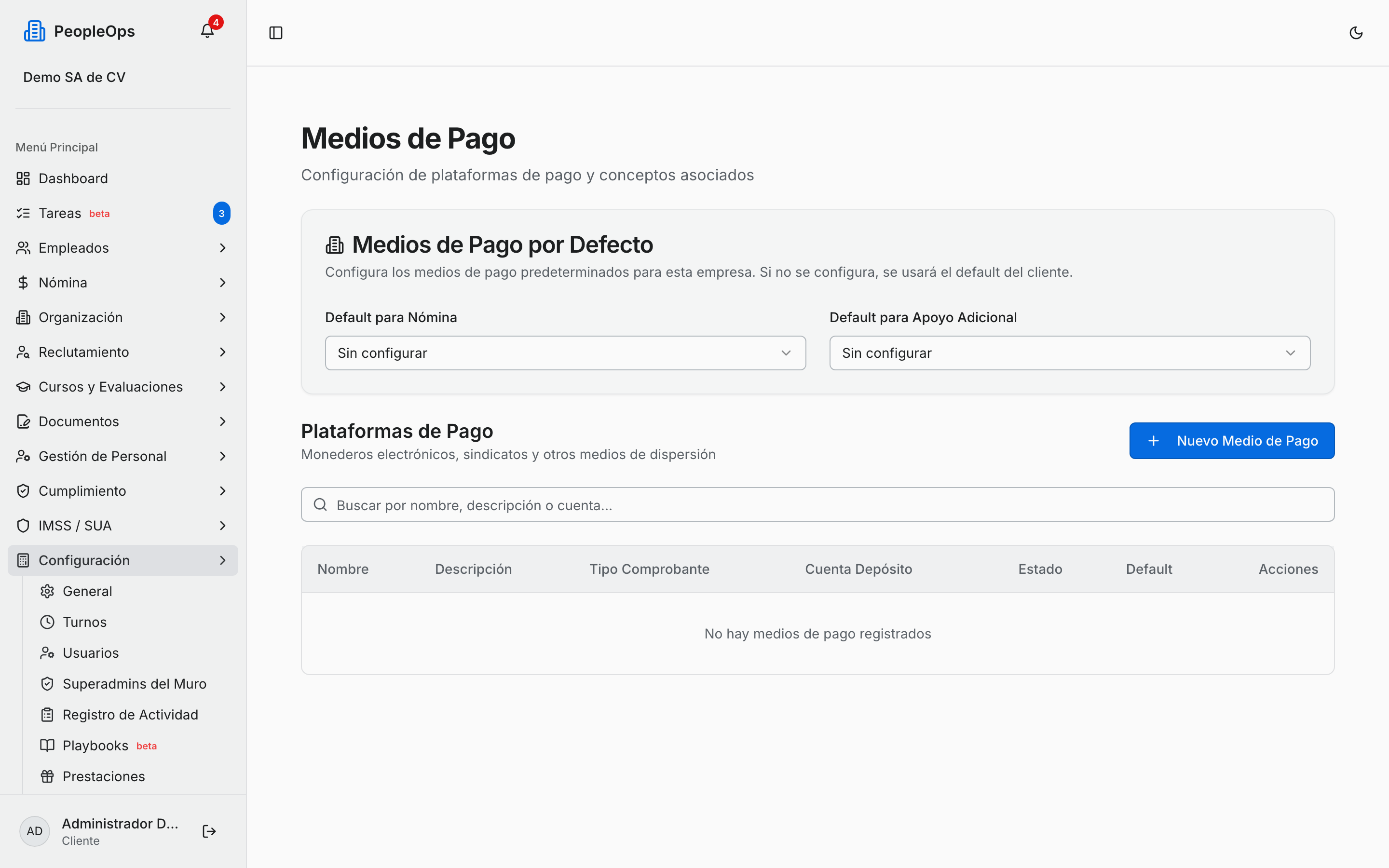 Medios de Pago recién configurada: los dos defaults sin asignar y la sección Plataformas de Pago todavía vacía