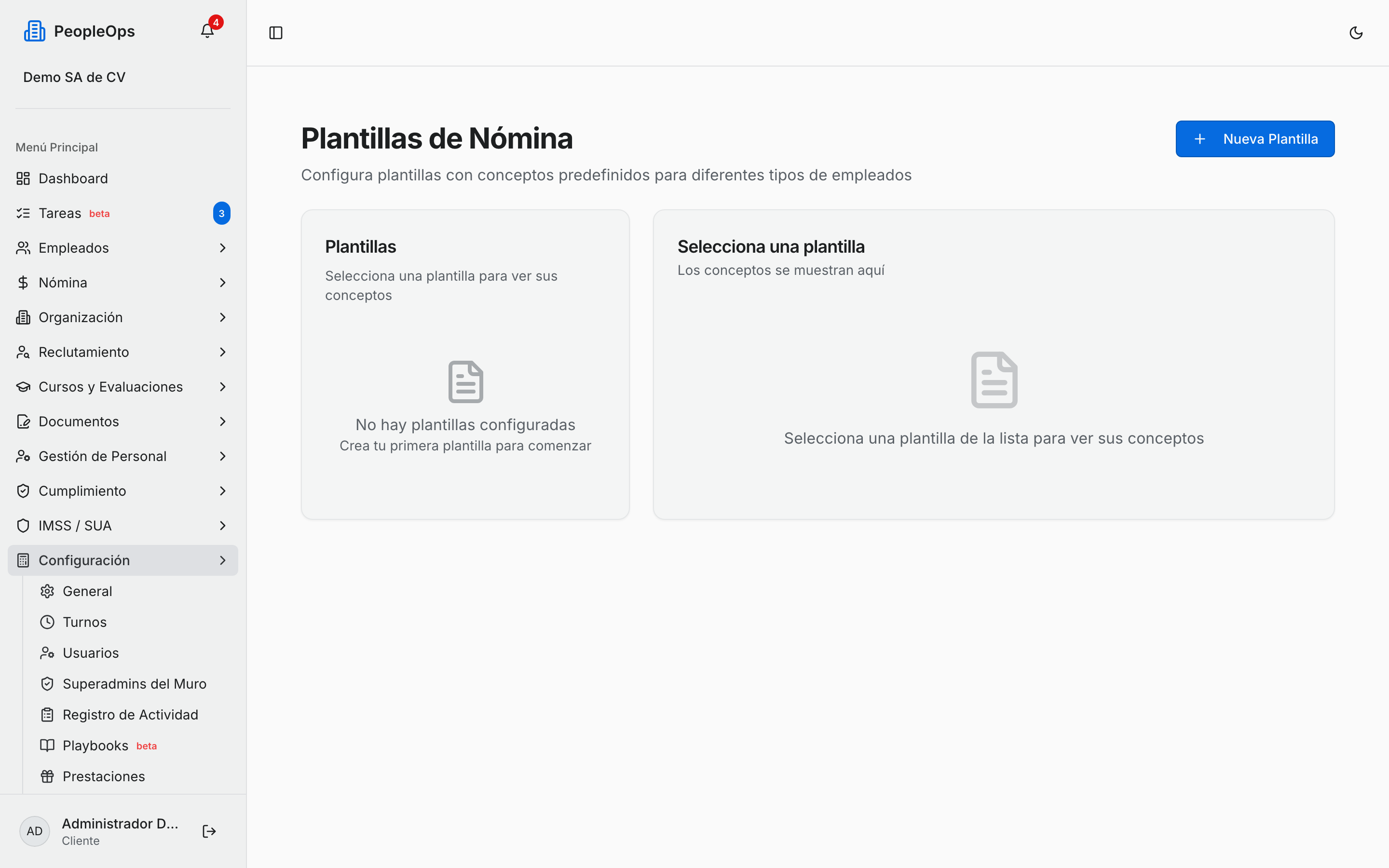 Plantillas de Nómina antes de crear la primera, con el aviso de que no hay ninguna configurada