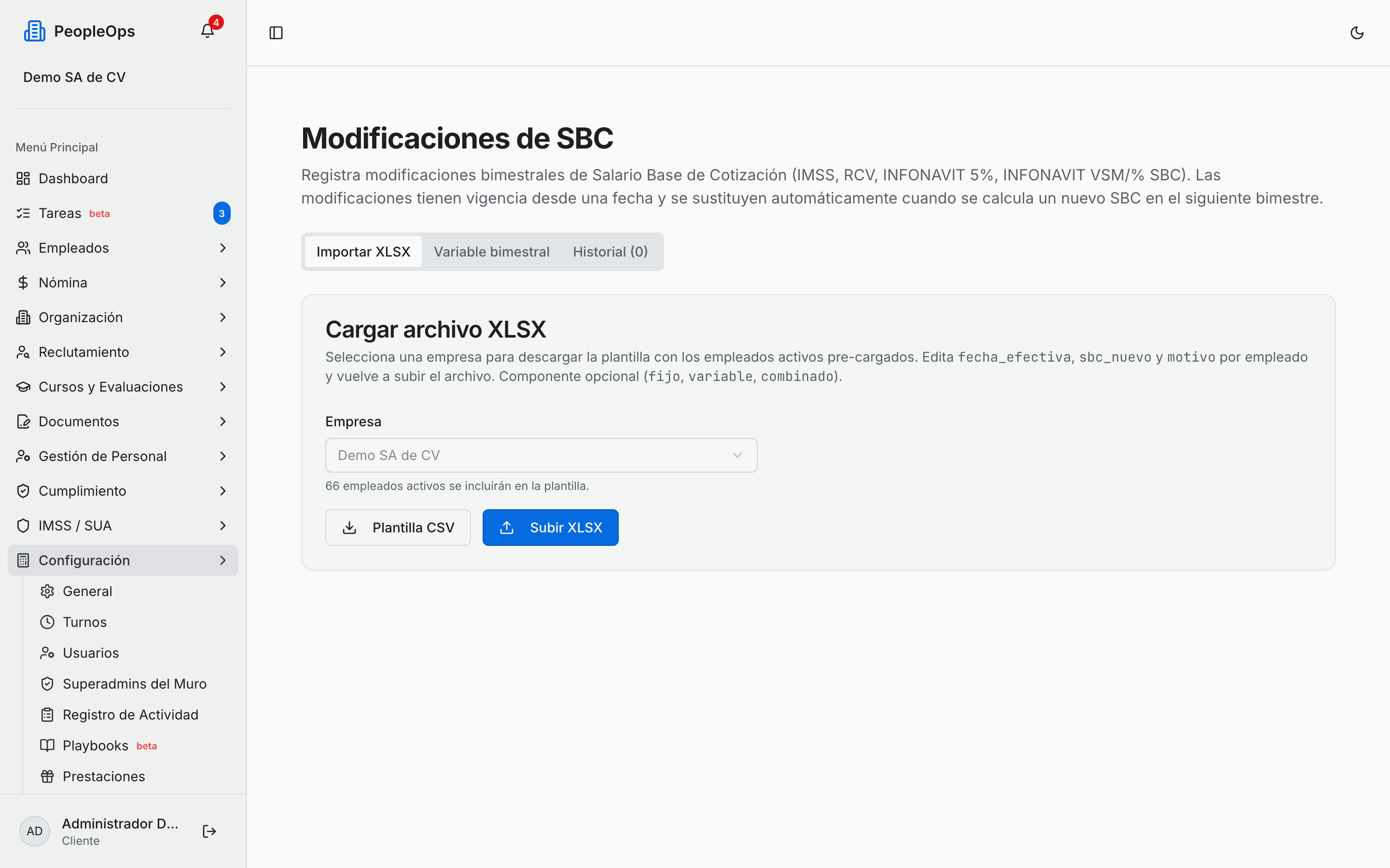 Pantalla Modificaciones de SBC con sus tres pestañas
