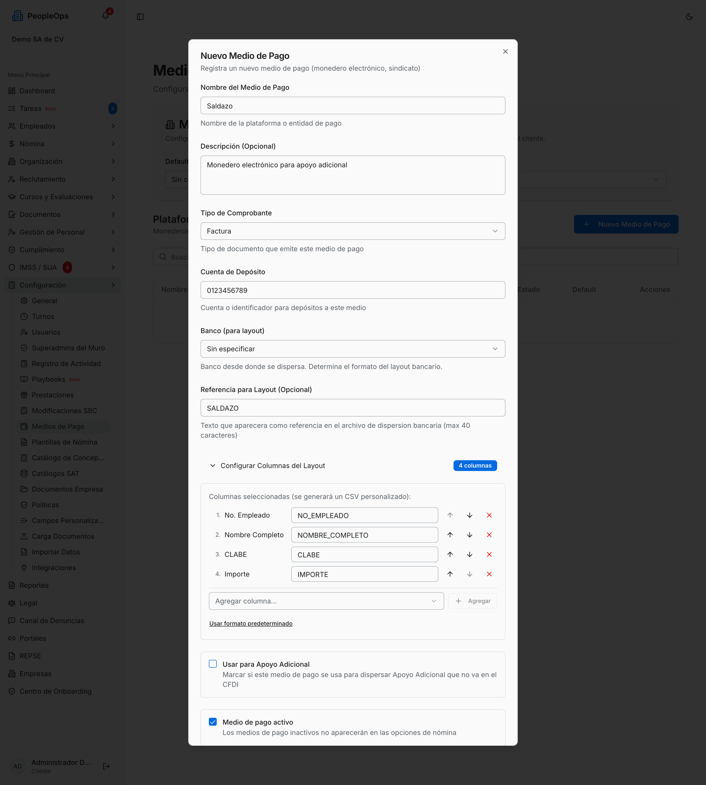Ventana Nuevo Medio de Pago con la sección Configurar Columnas del Layout desplegada: las columnas elegidas, sus encabezados y las flechas de orden