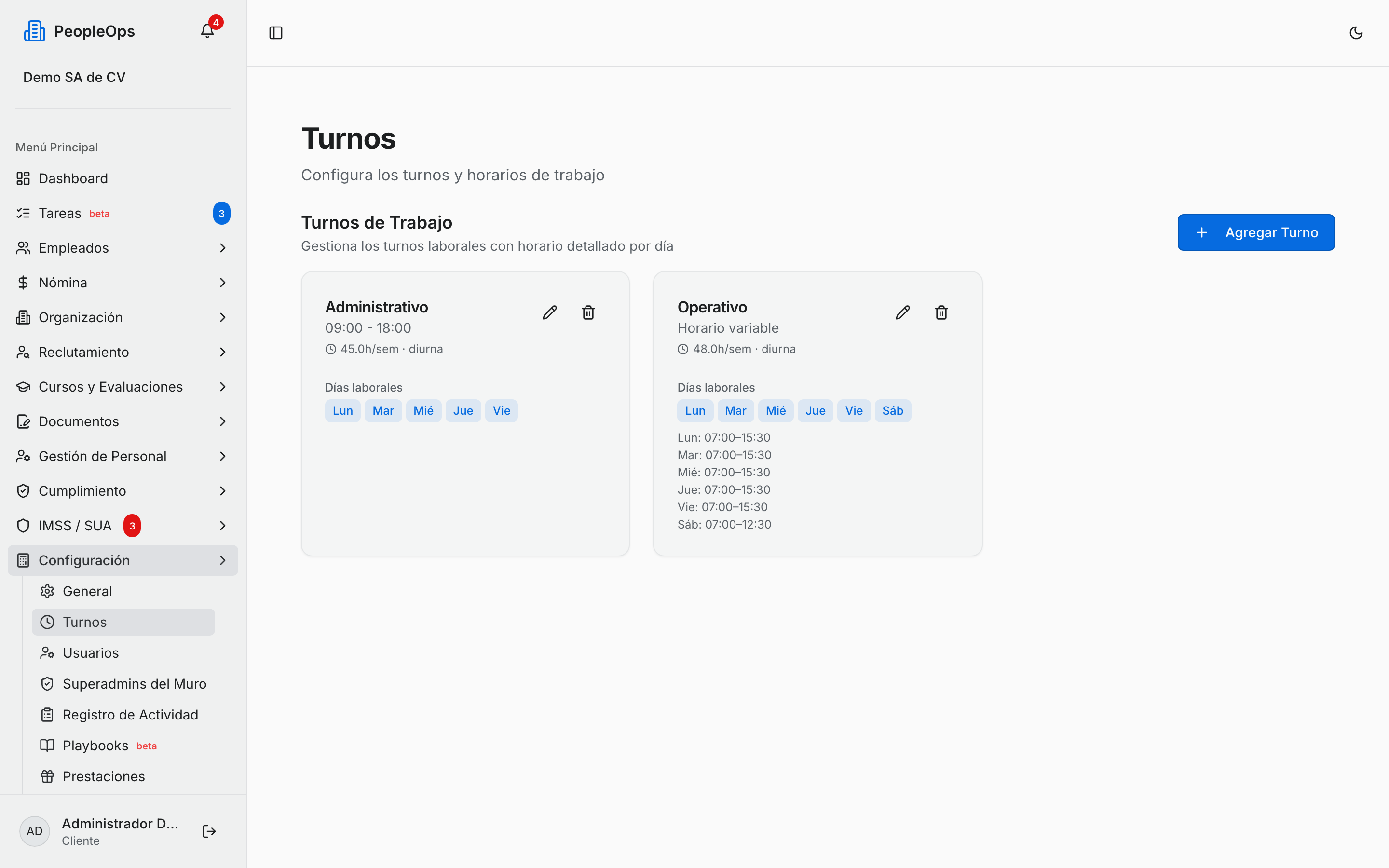 Pantalla Turnos con la lista de turnos configurados y su horario semanal