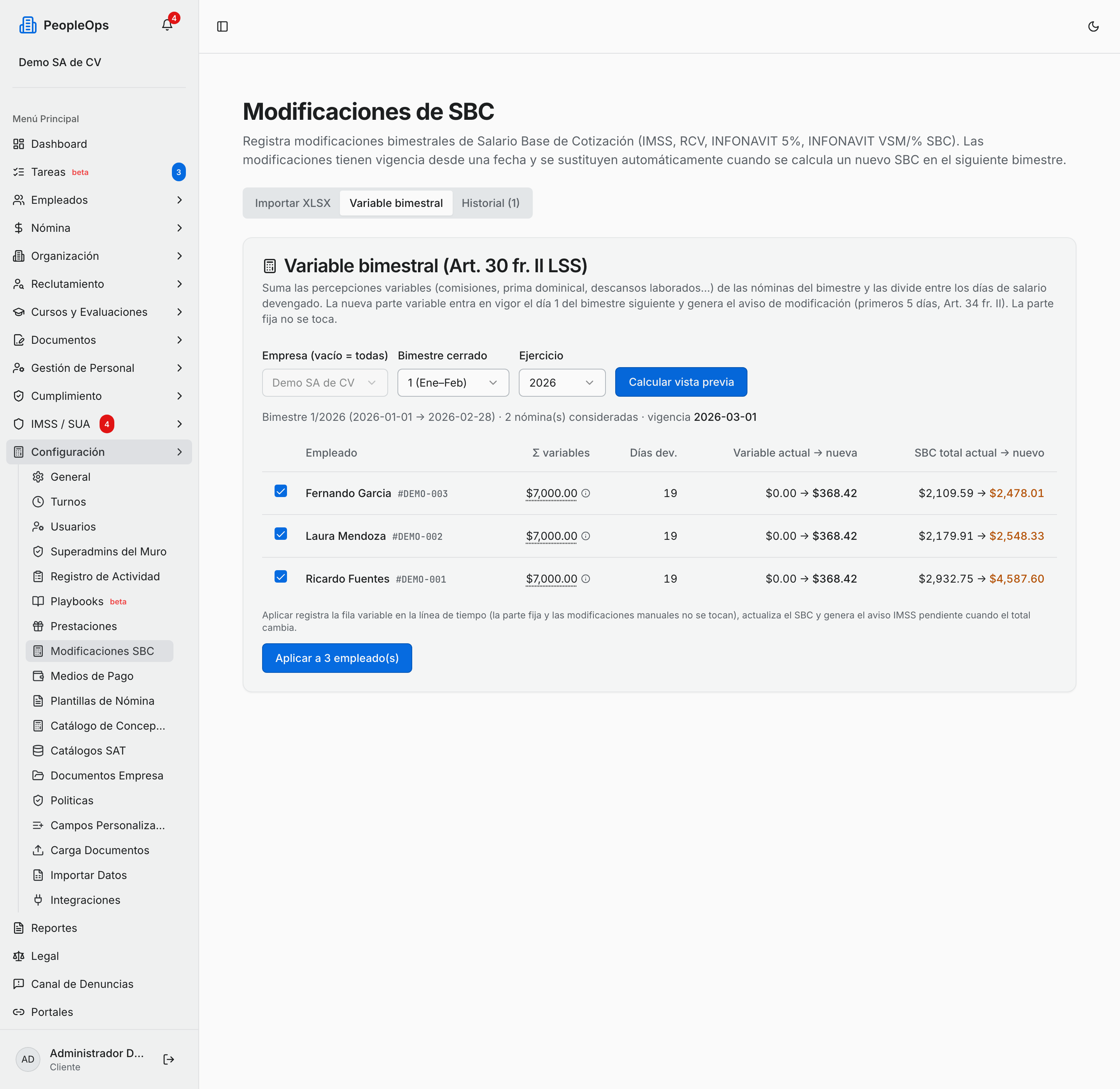 Variable bimestral: la vista previa con el SBC actual y el nuevo de cada empleado, con las filas preseleccionadas