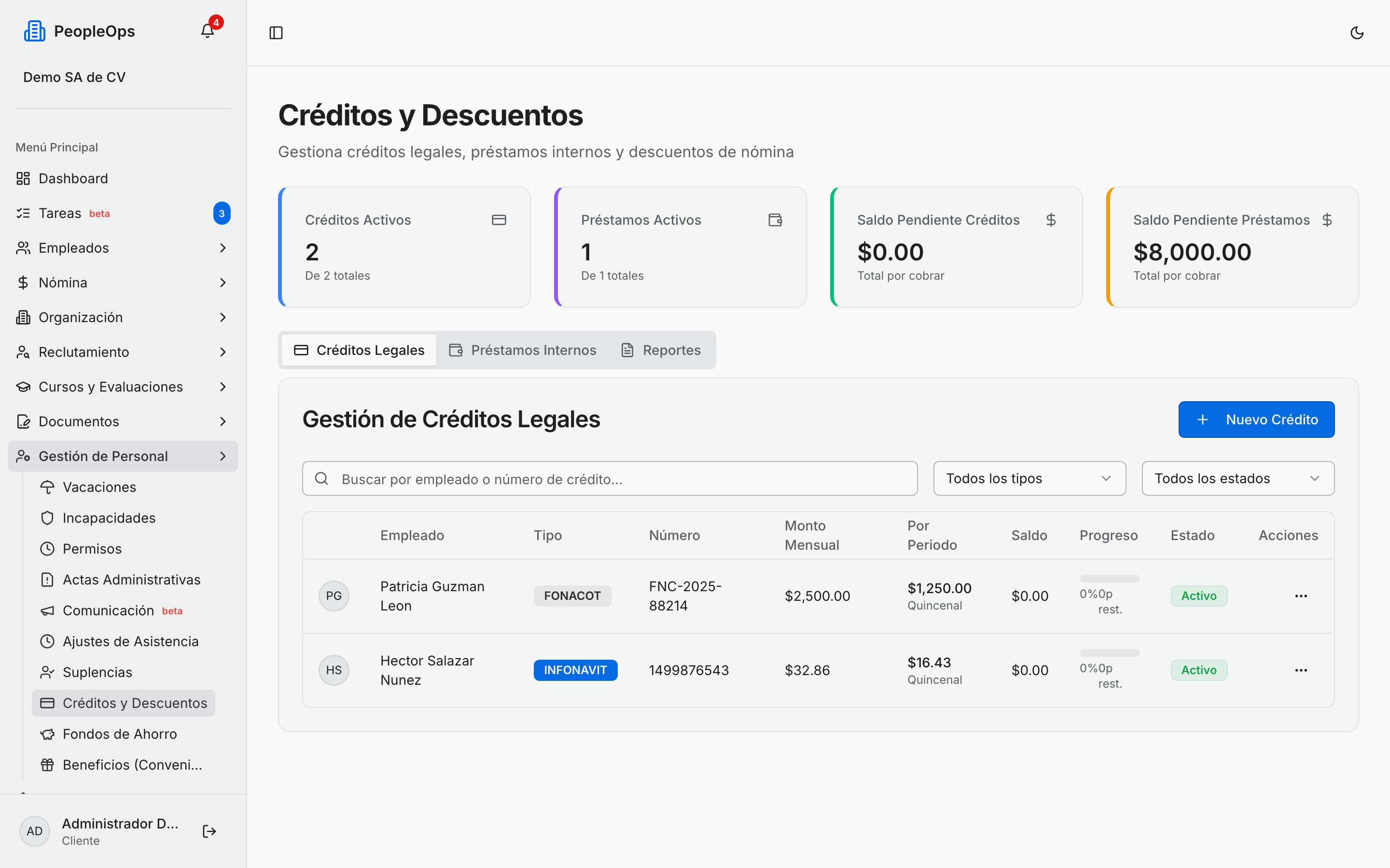 Créditos legales registrados con su saldo