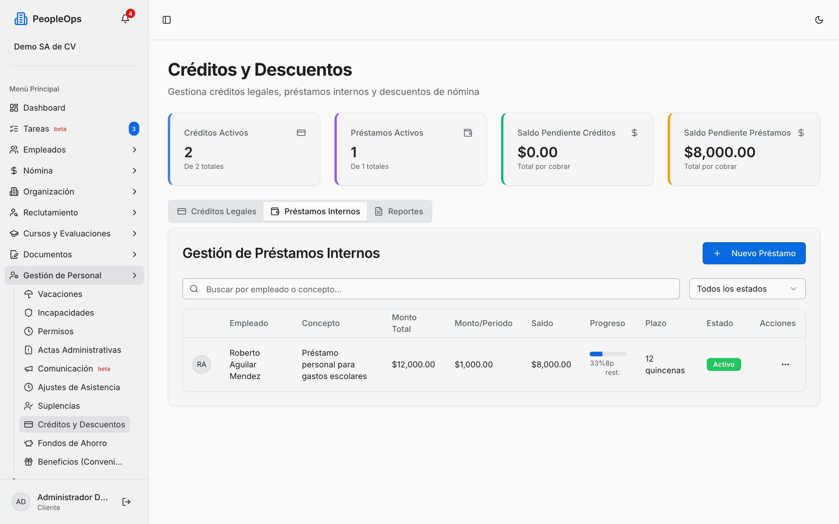 Préstamos internos registrados