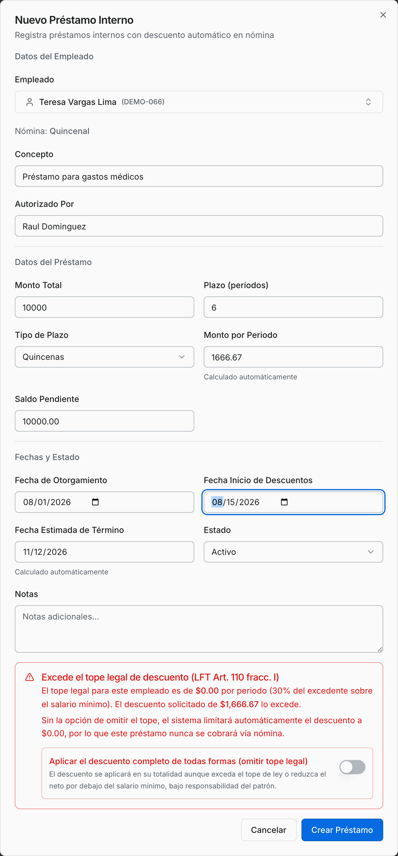 Formulario de un préstamo interno