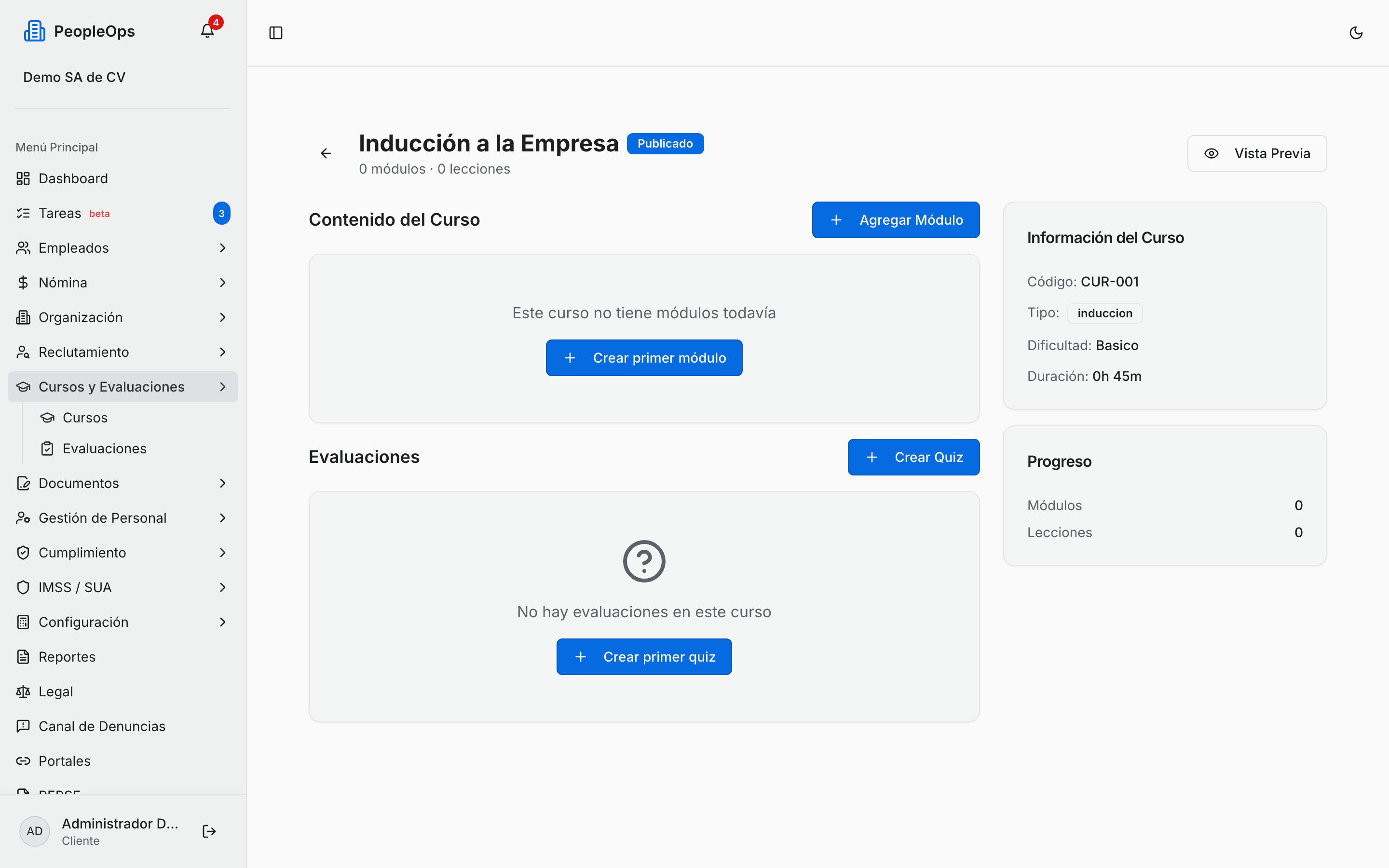 Pantalla para armar el contenido de un curso recién creado, todavía sin módulos ni evaluaciones