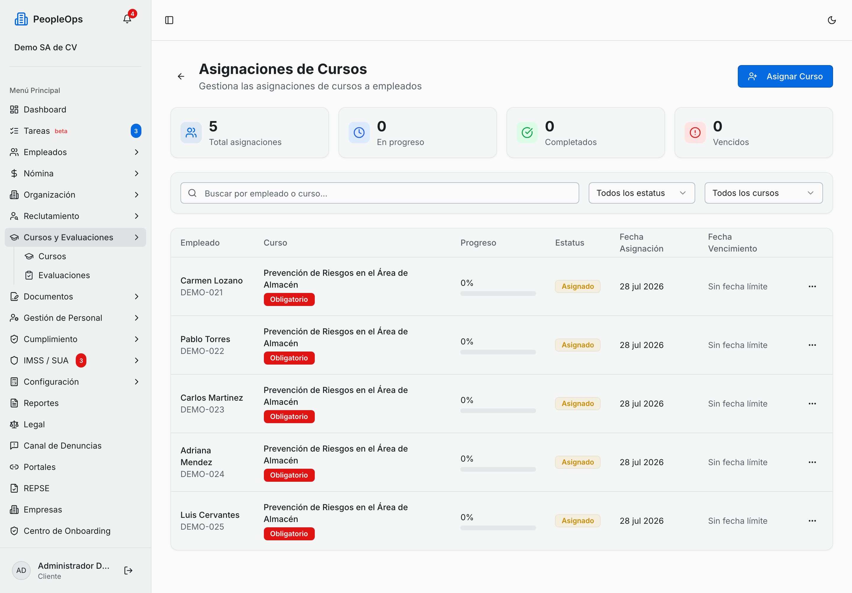 Avance de las asignaciones de un curso
