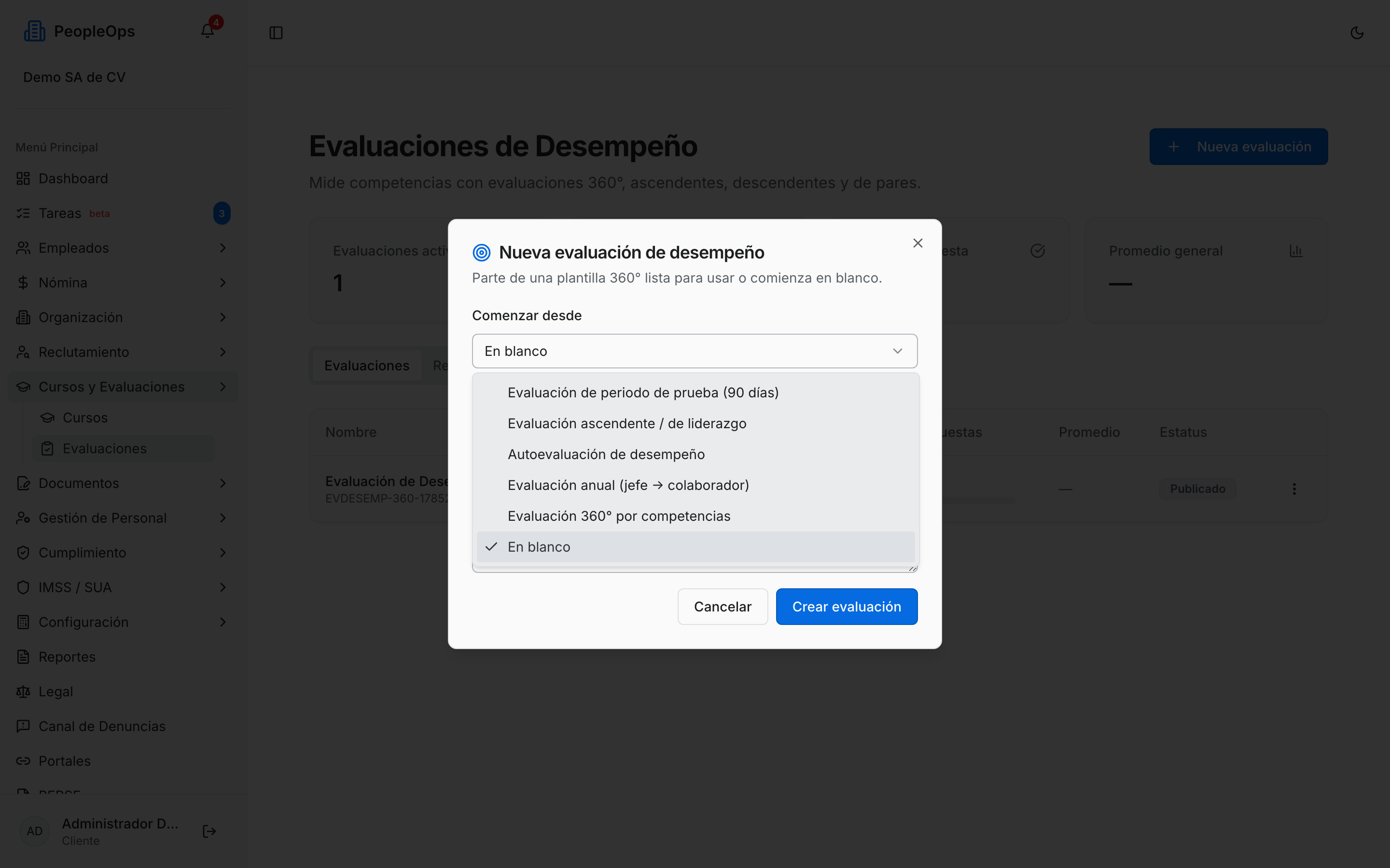 Ventana para crear una evaluación de desempeño