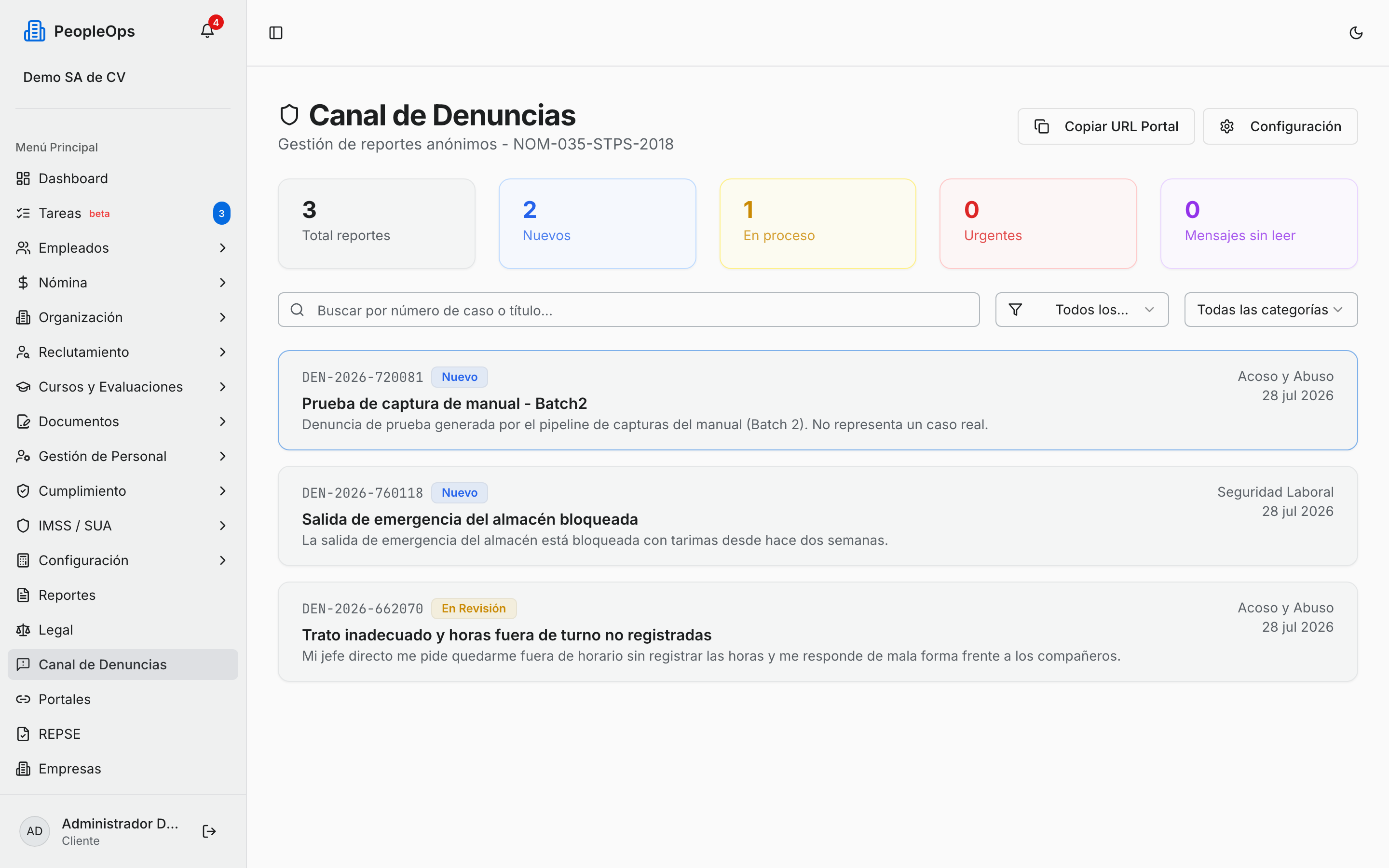 Listado de denuncias recibidas