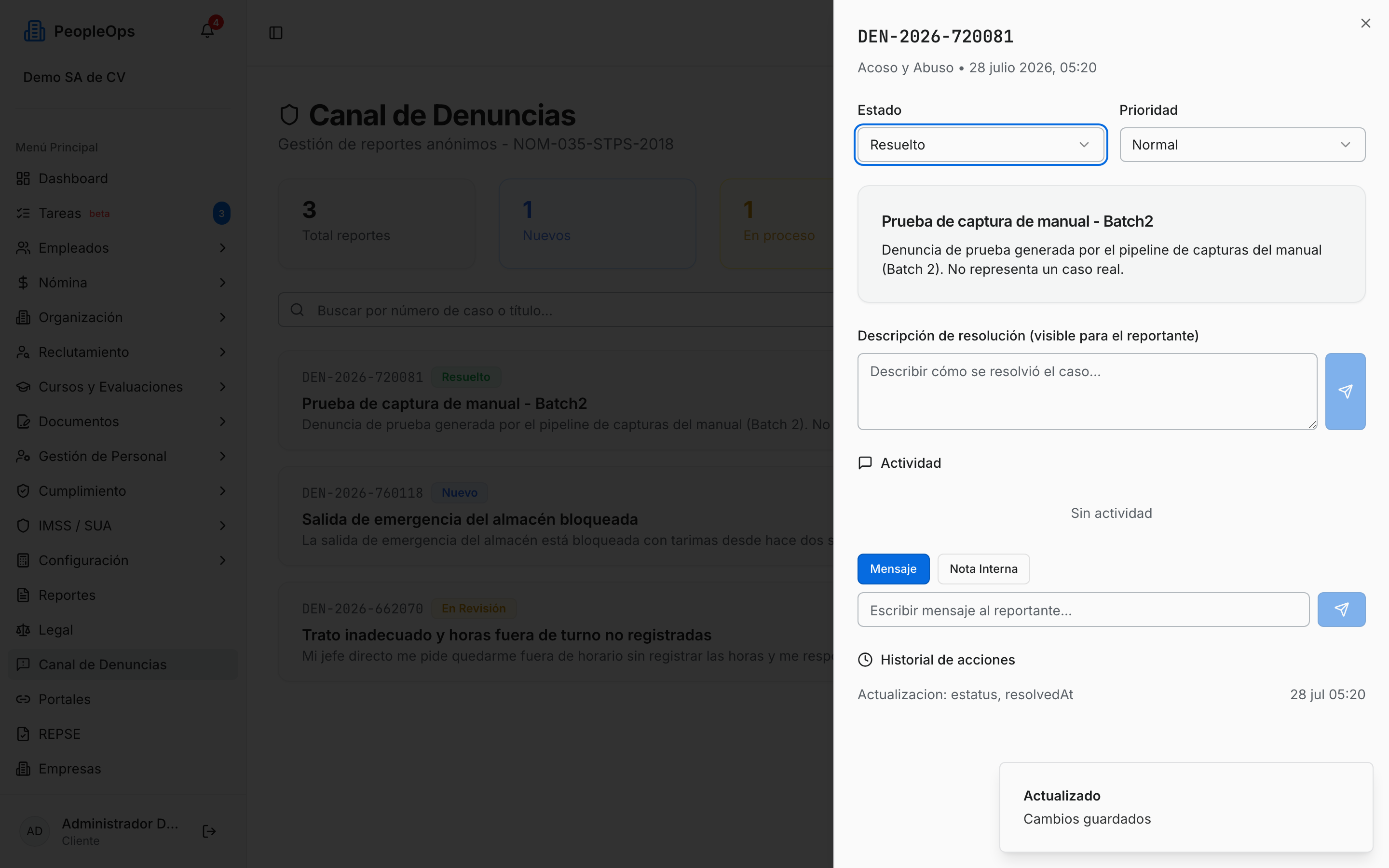 Panel de detalle de una denuncia, con Estado, Prioridad, Actividad y las opciones de Mensaje y Nota Interna