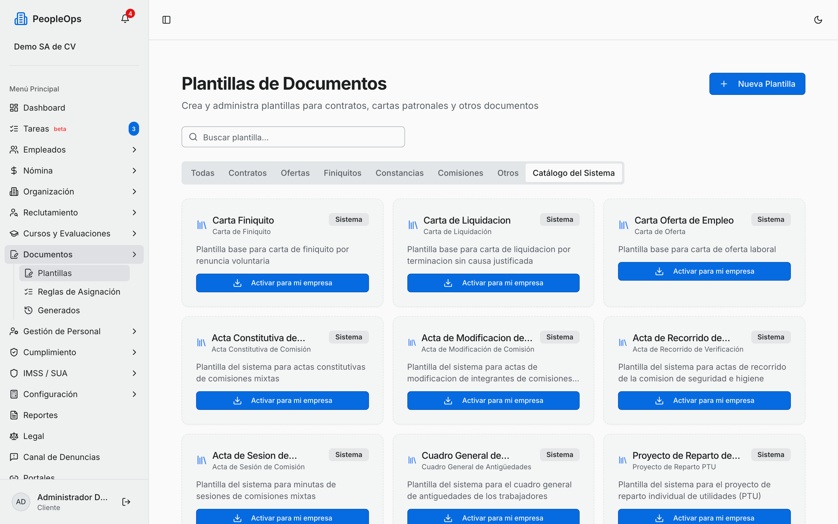 Catálogo de plantillas que vienen listas para activar