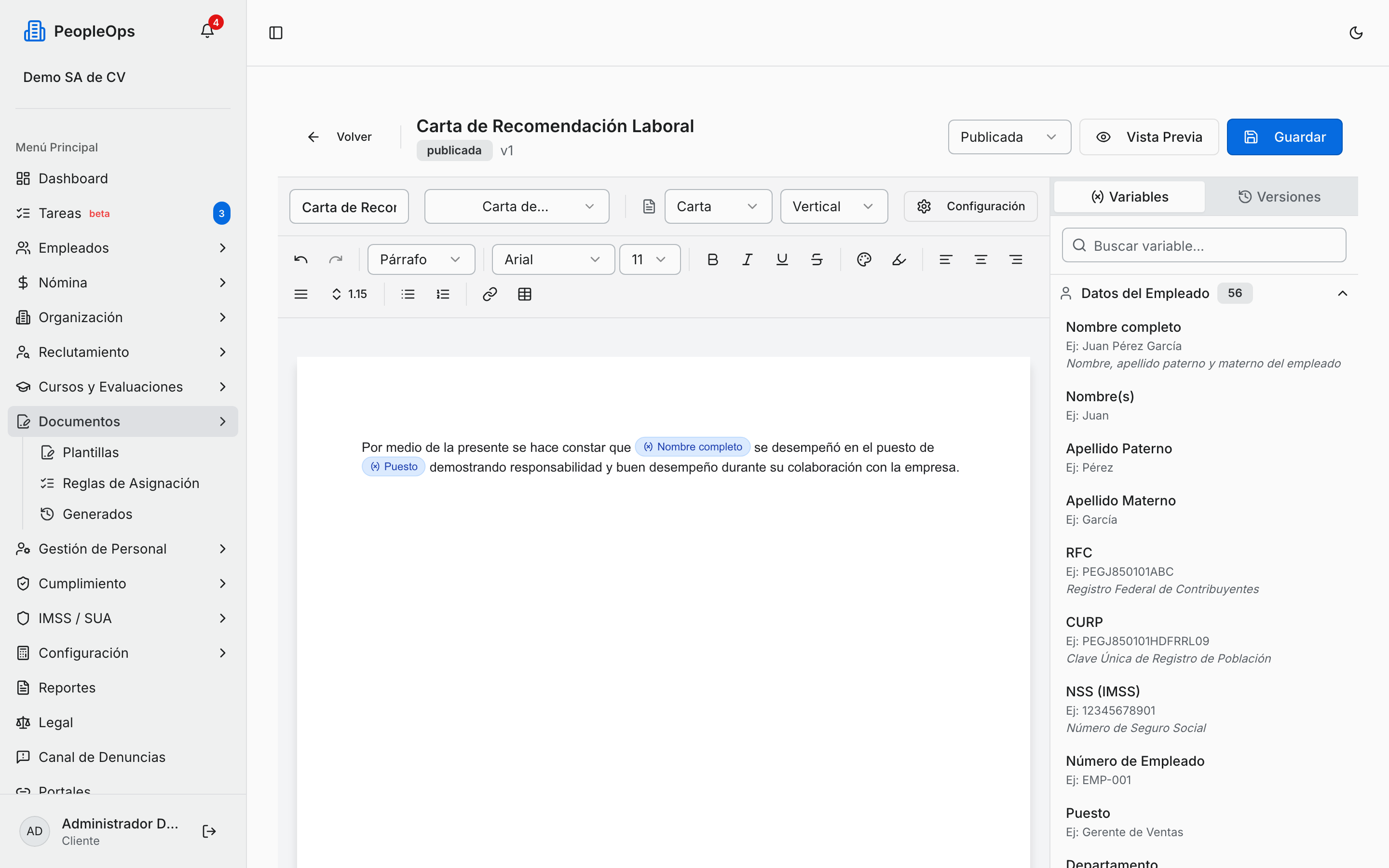 Editor de plantillas con el texto y los datos automáticos
