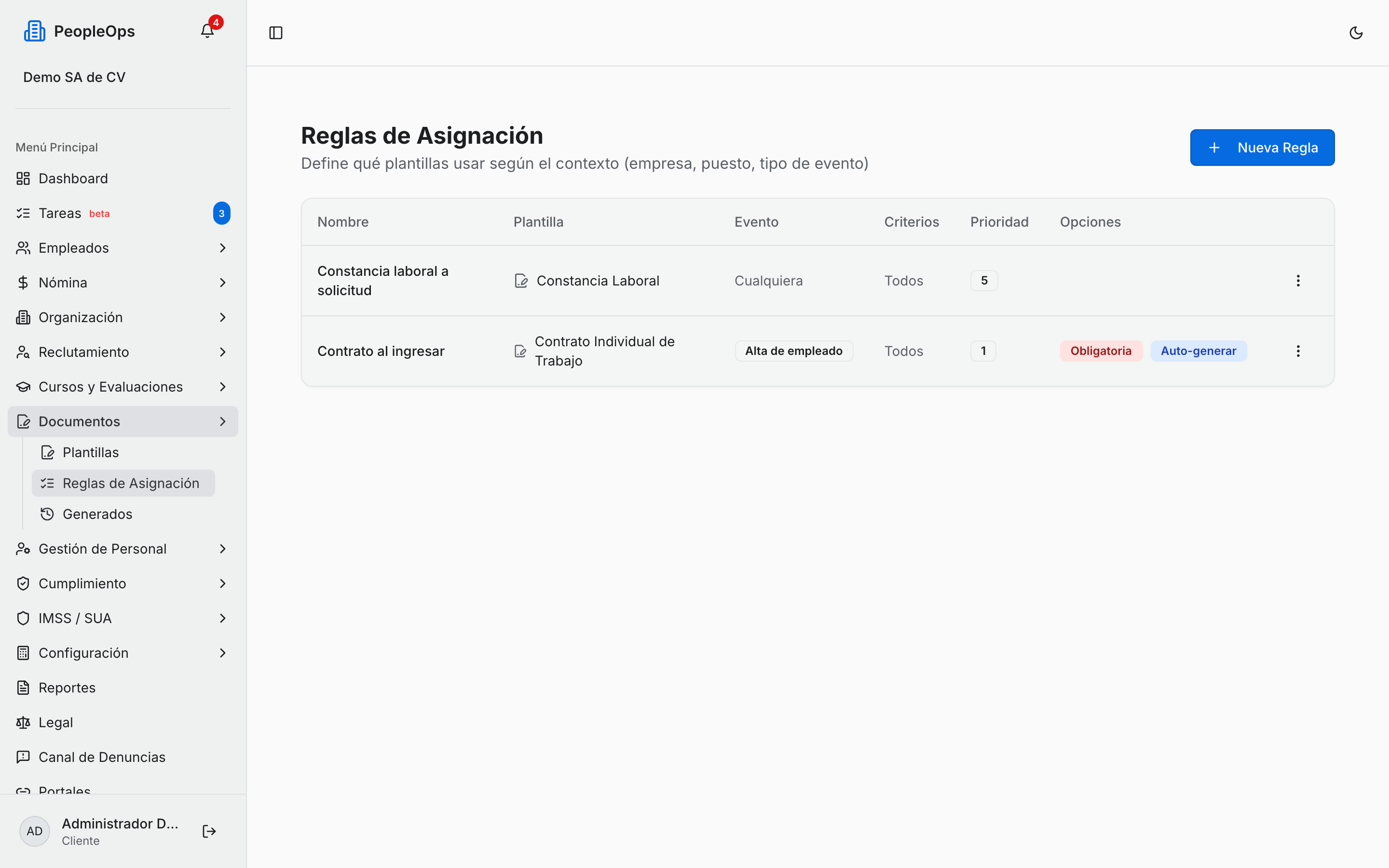 Listado de reglas de asignación