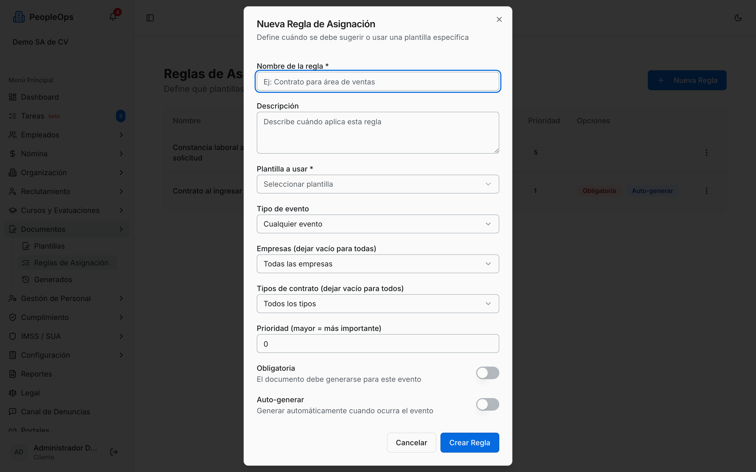 Formulario de una nueva regla de asignación