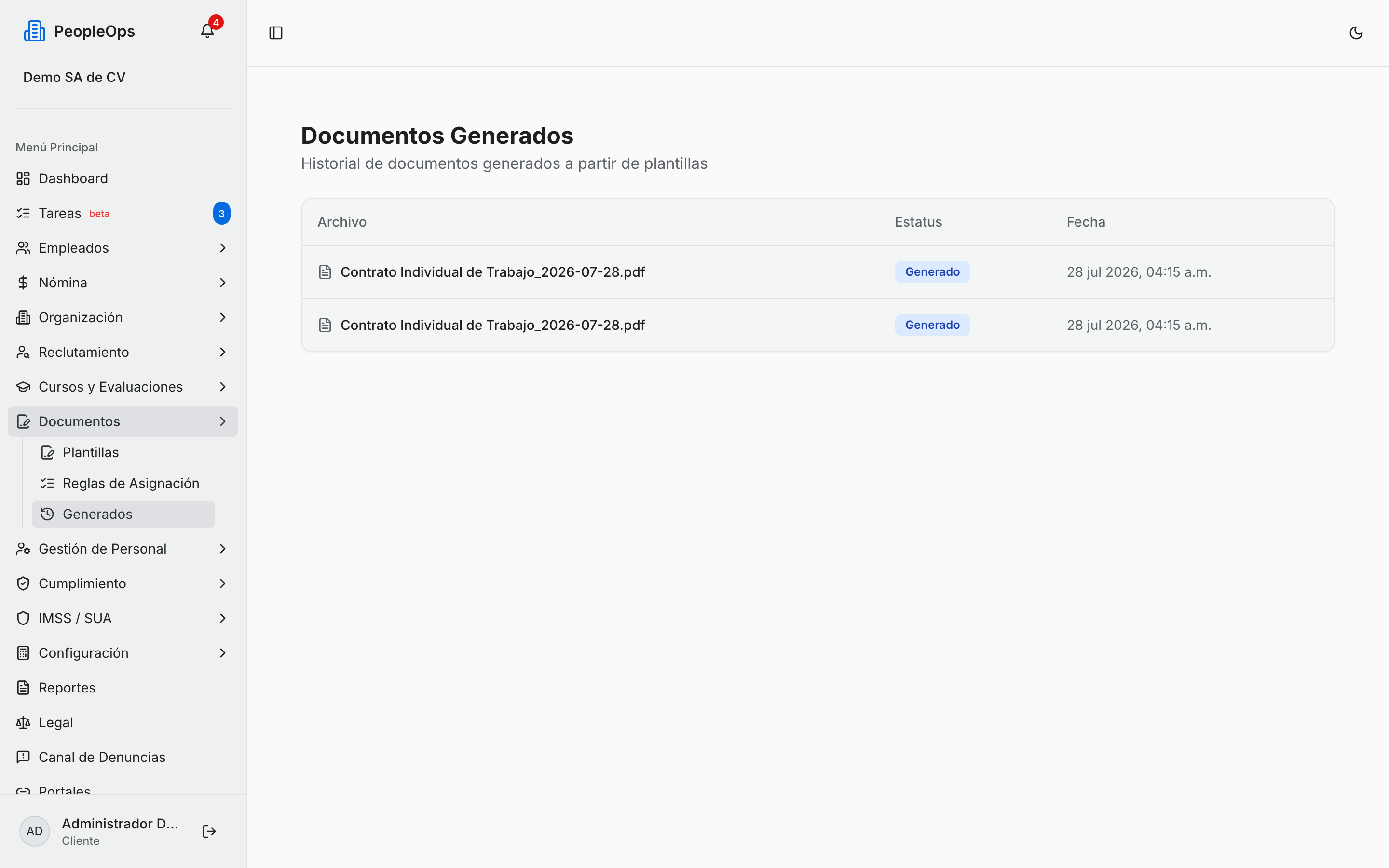 Historial de documentos generados