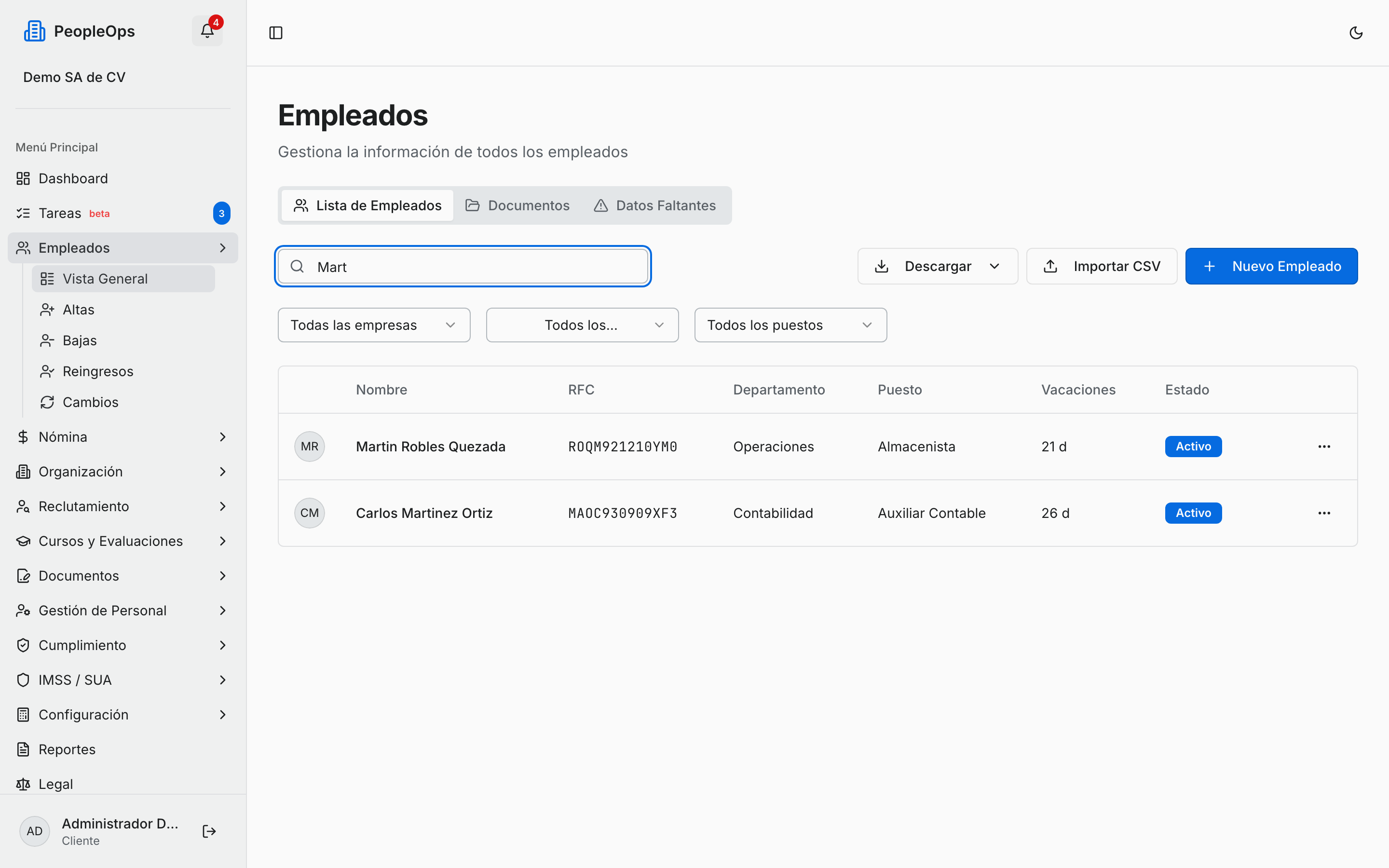 El buscador filtrando la lista por nombre