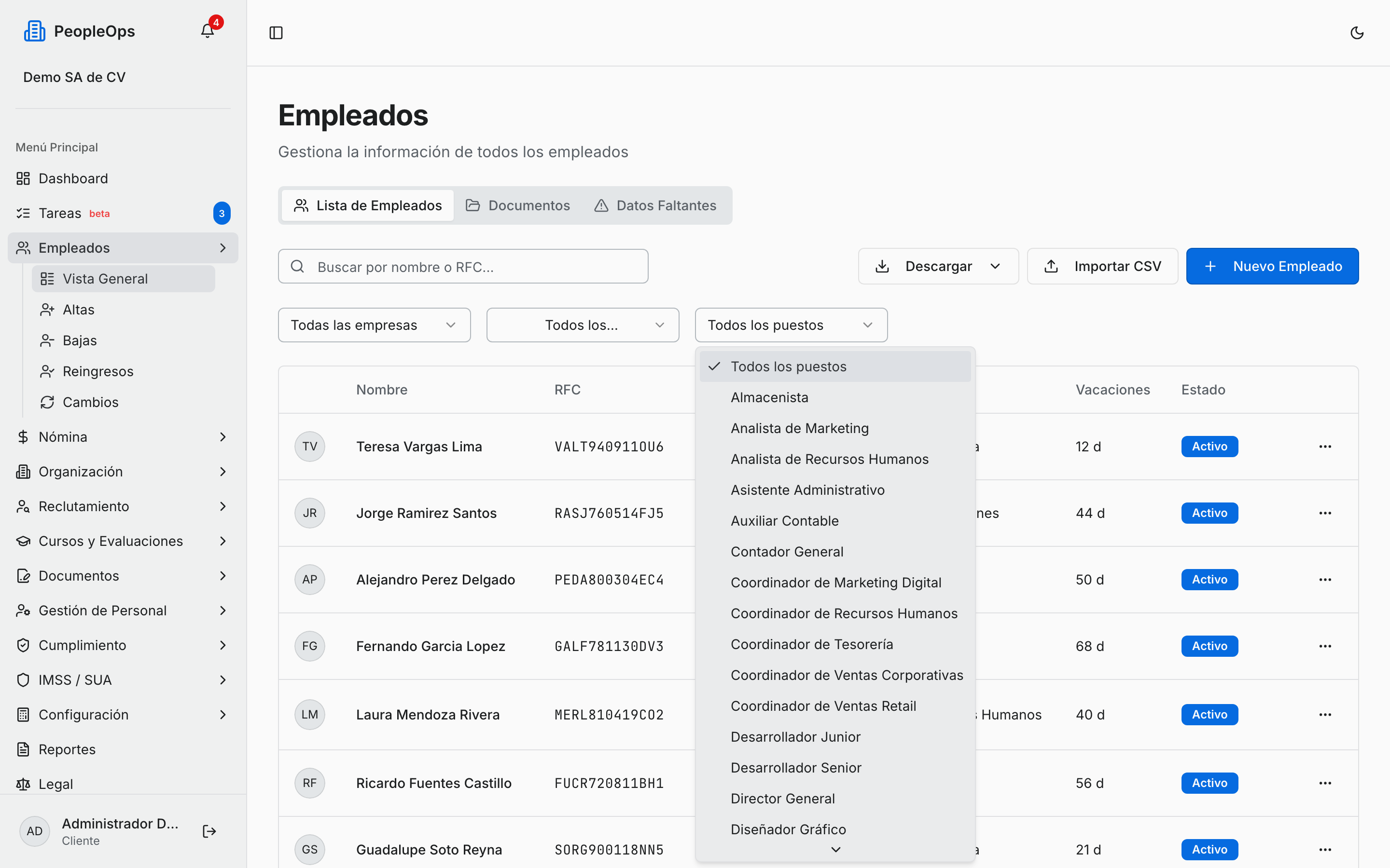 Las listas de filtro por empresa, departamento y puesto