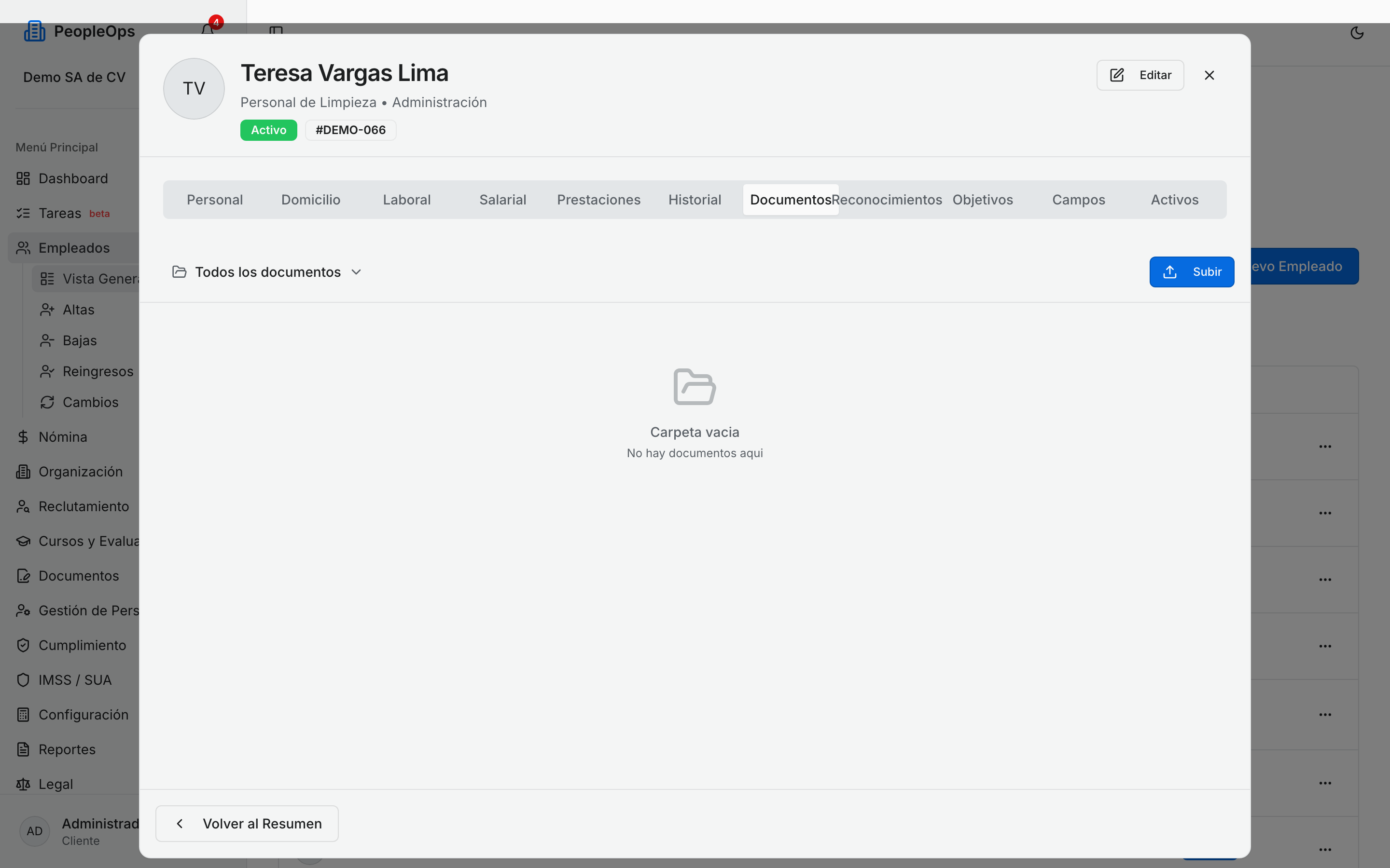 Pestaña Documentos con el expediente de la persona