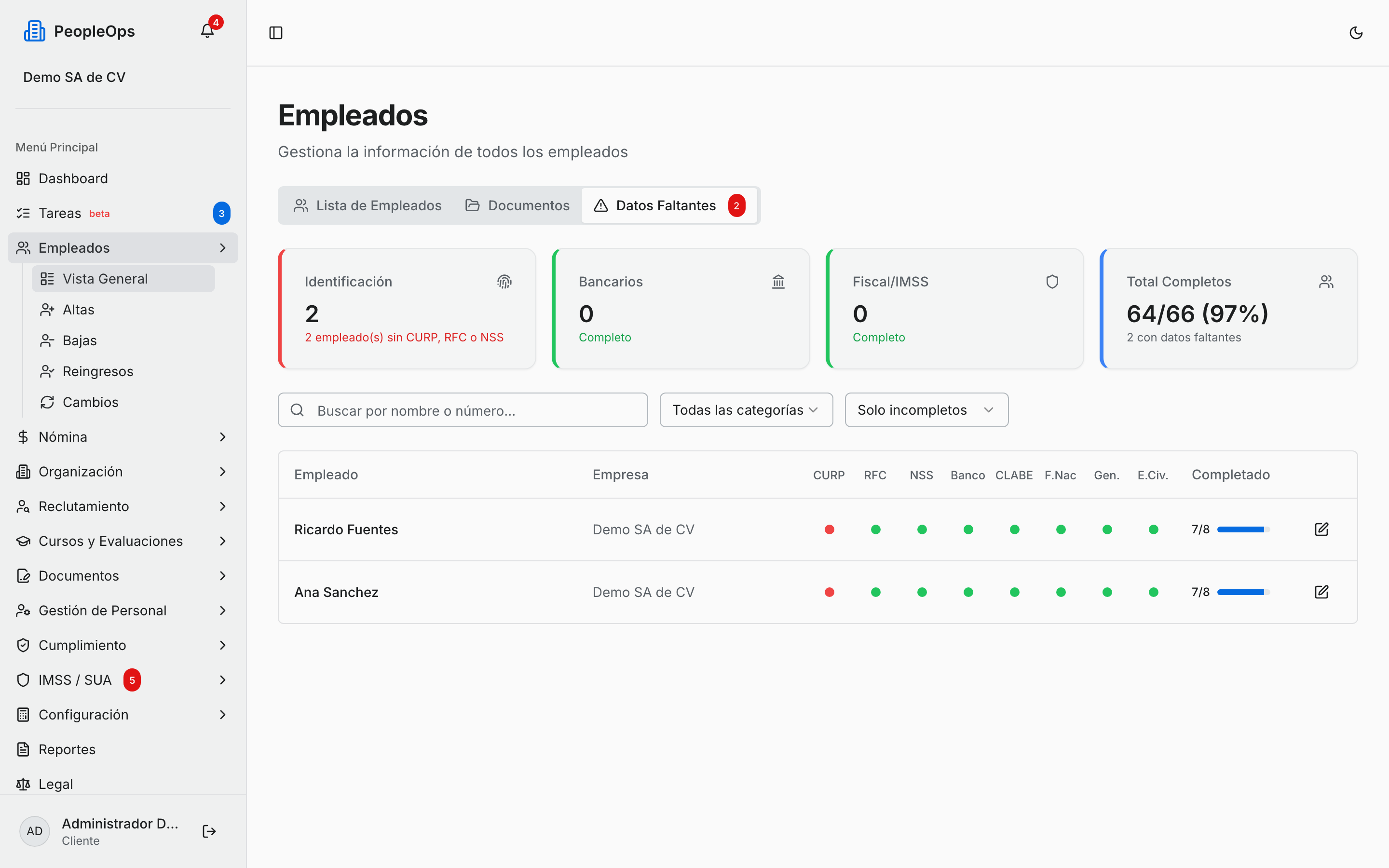 Tablero de datos faltantes por empleado