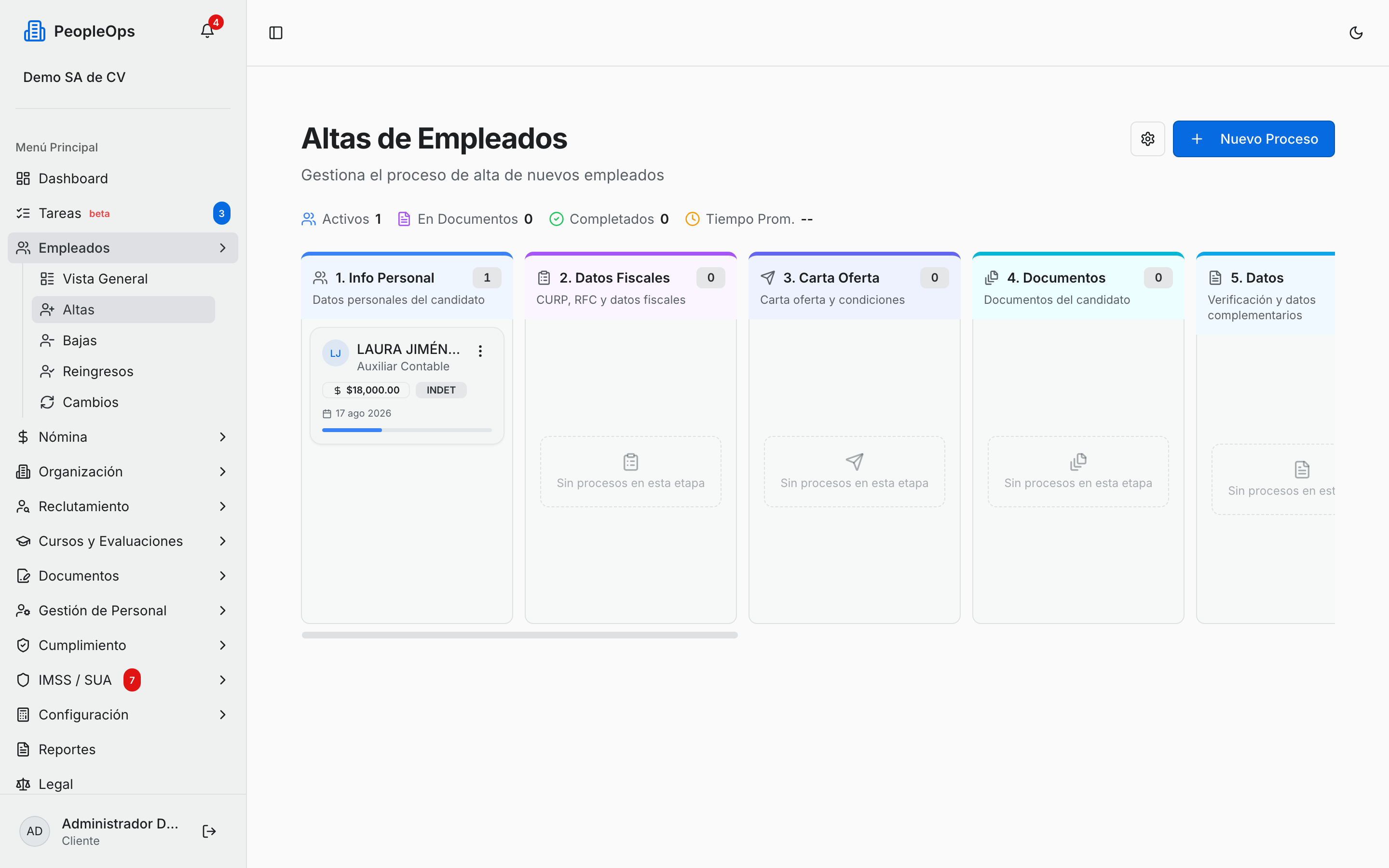 Tablero de contratación con sus once etapas