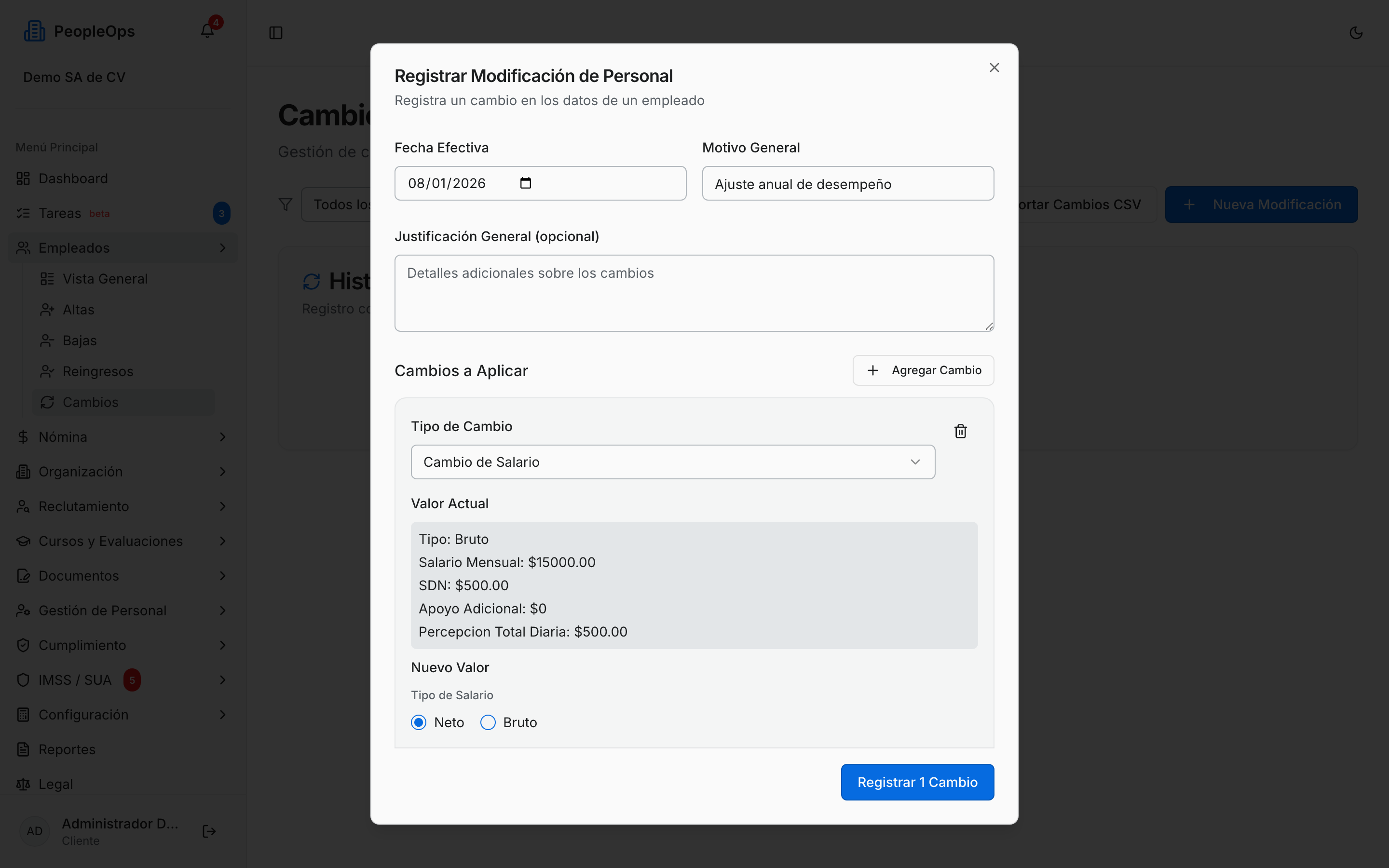Formulario para registrar un cambio de personal