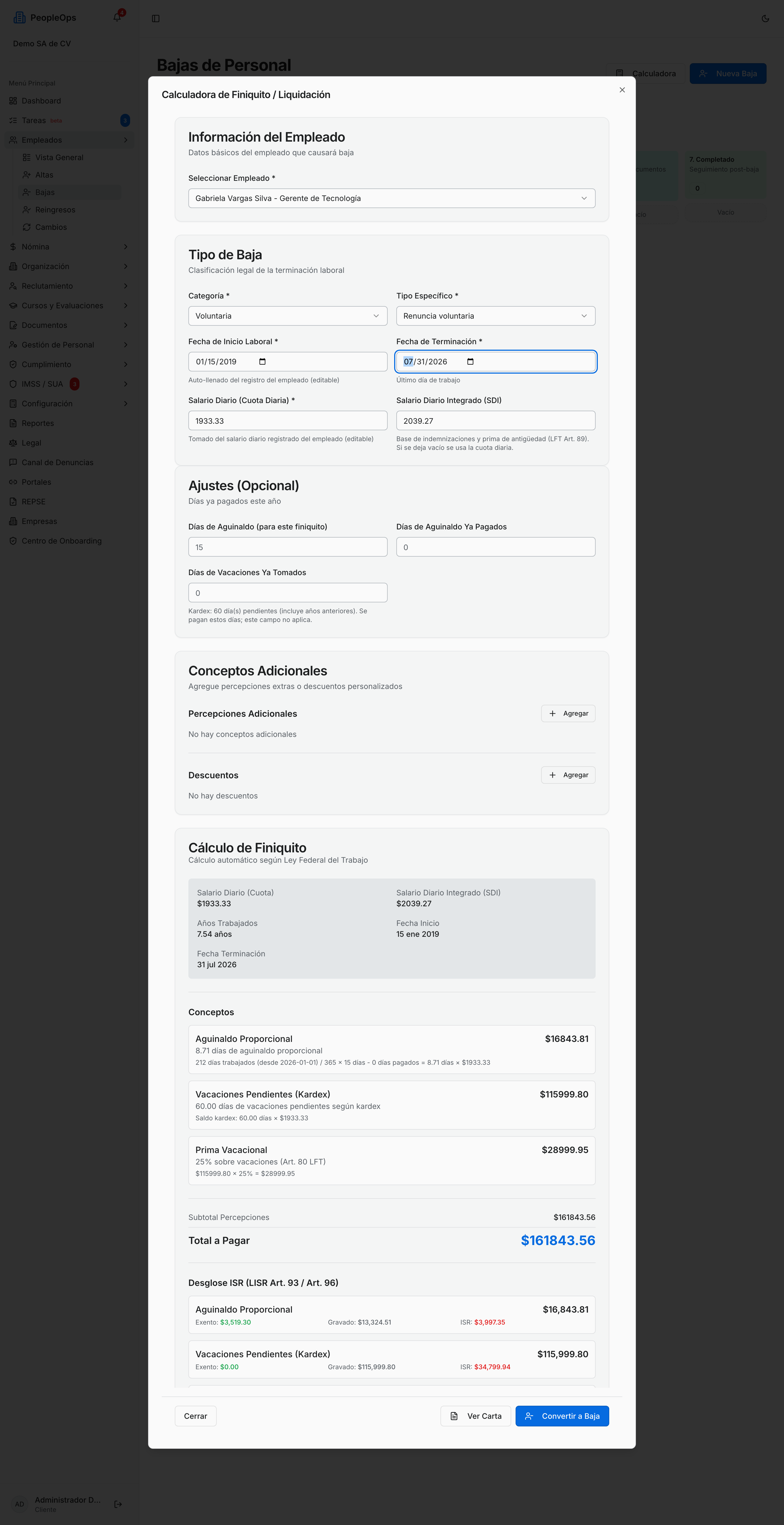 Calculadora de finiquito con el resultado del cálculo
