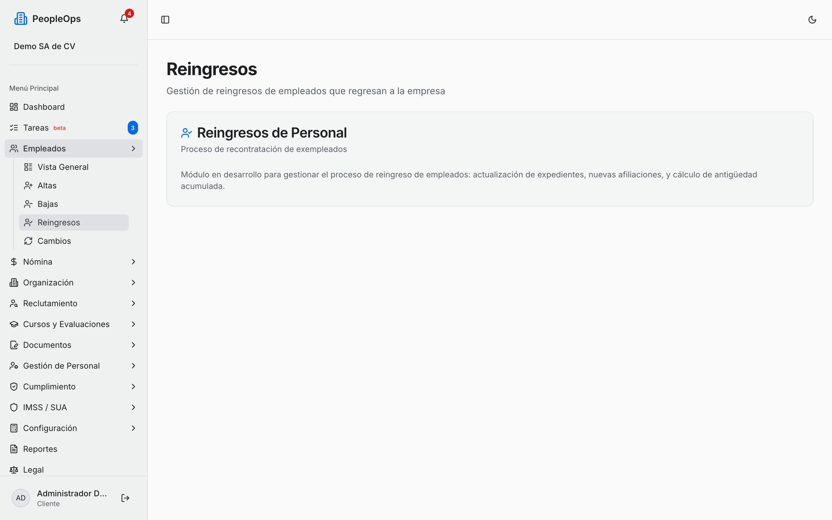Pantalla de reingresos