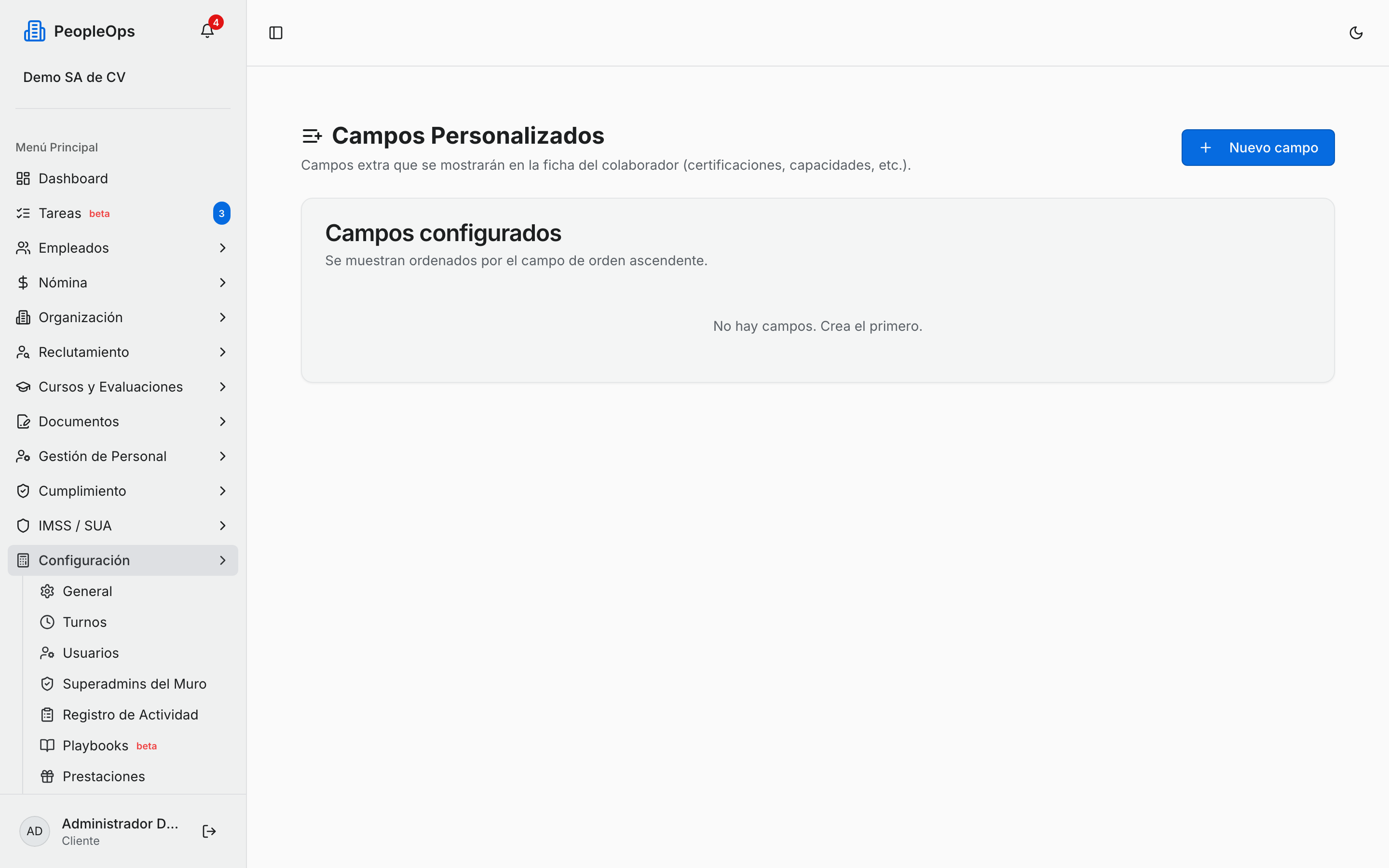 Pantalla de Campos Personalizados antes de crear el primero
