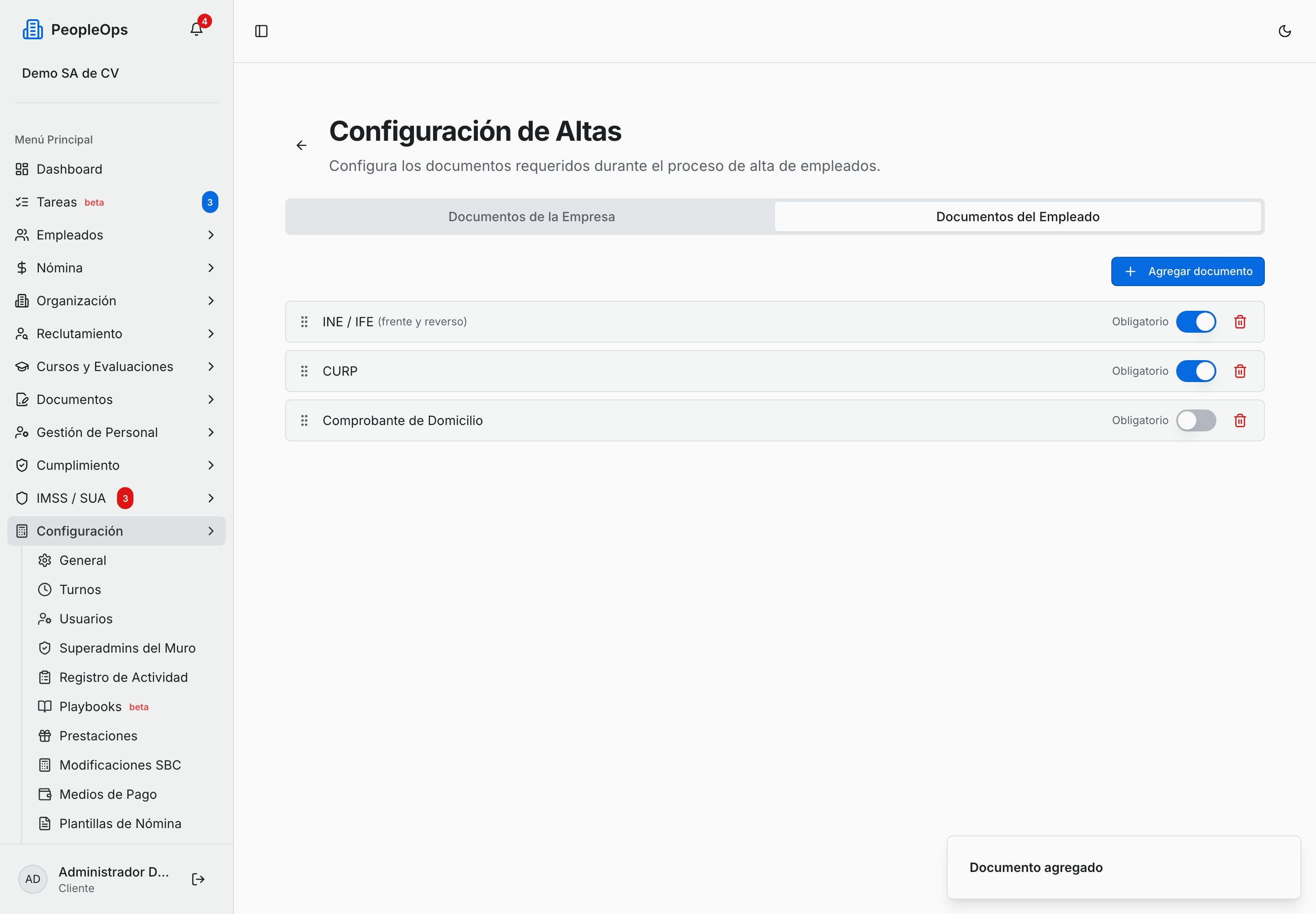 Pantalla Configuración de Altas con las pestañas Documentos de la Empresa y Documentos del Empleado