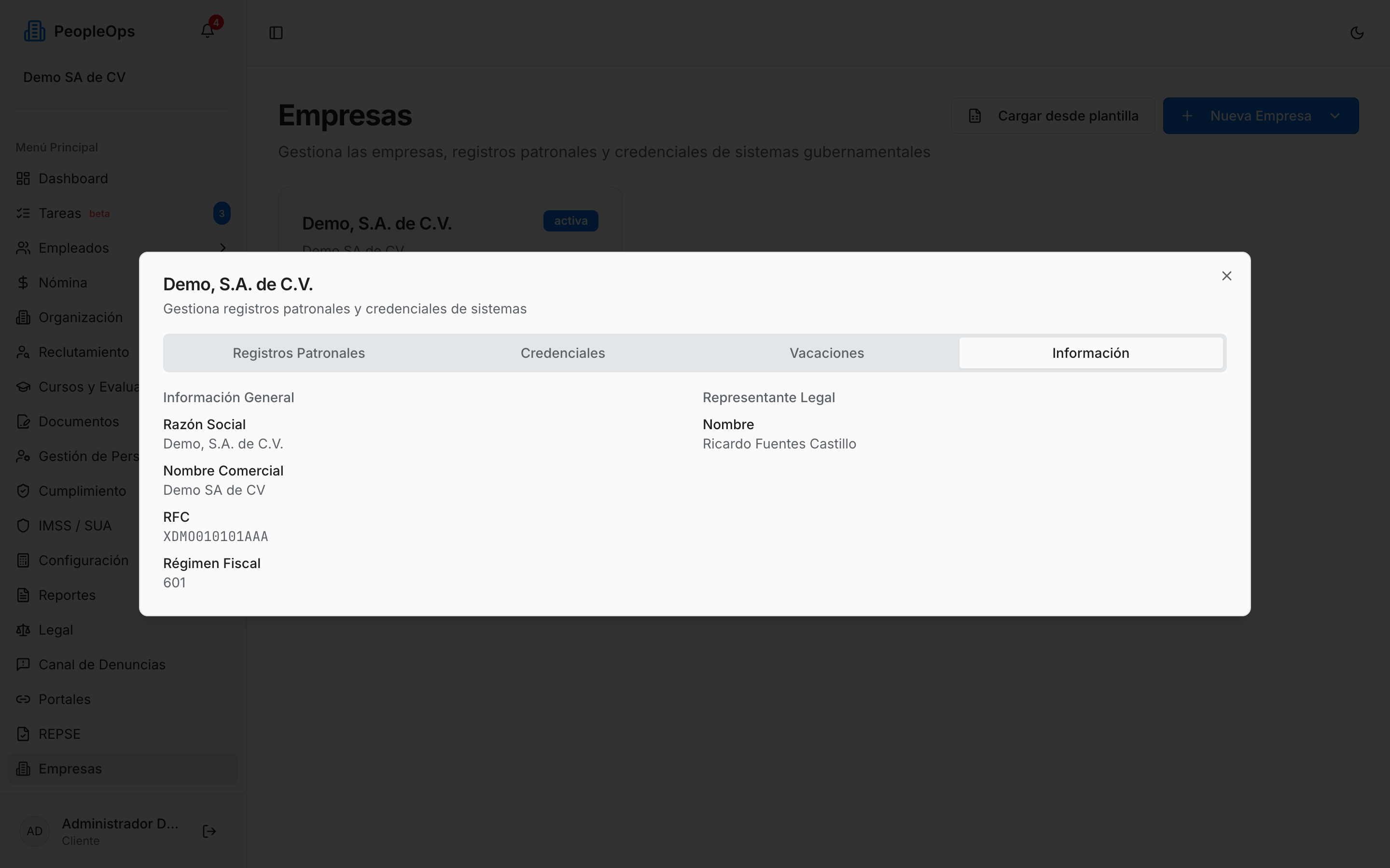 Pestaña Información de la empresa