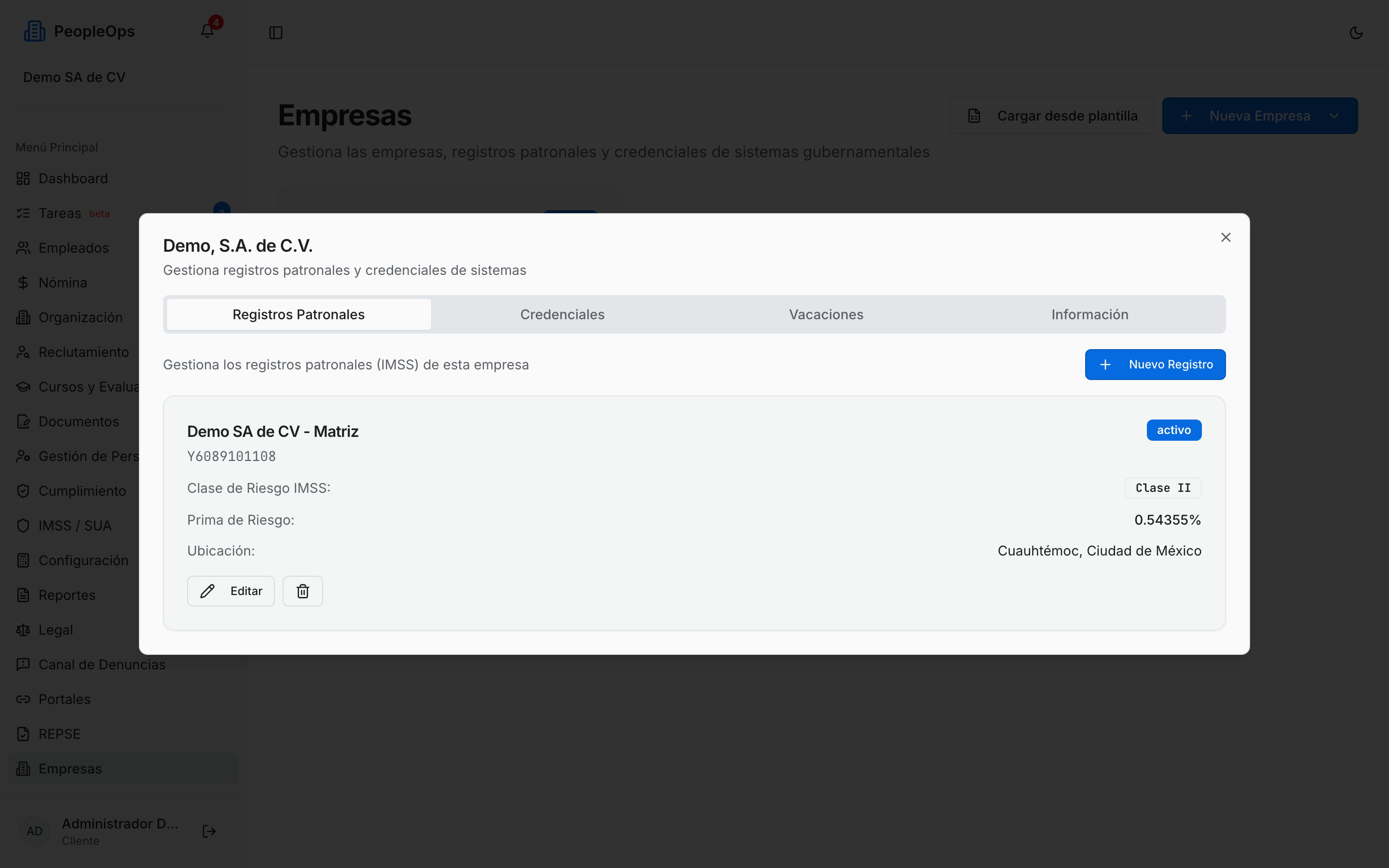 Registros patronales de la empresa con su prima de riesgo