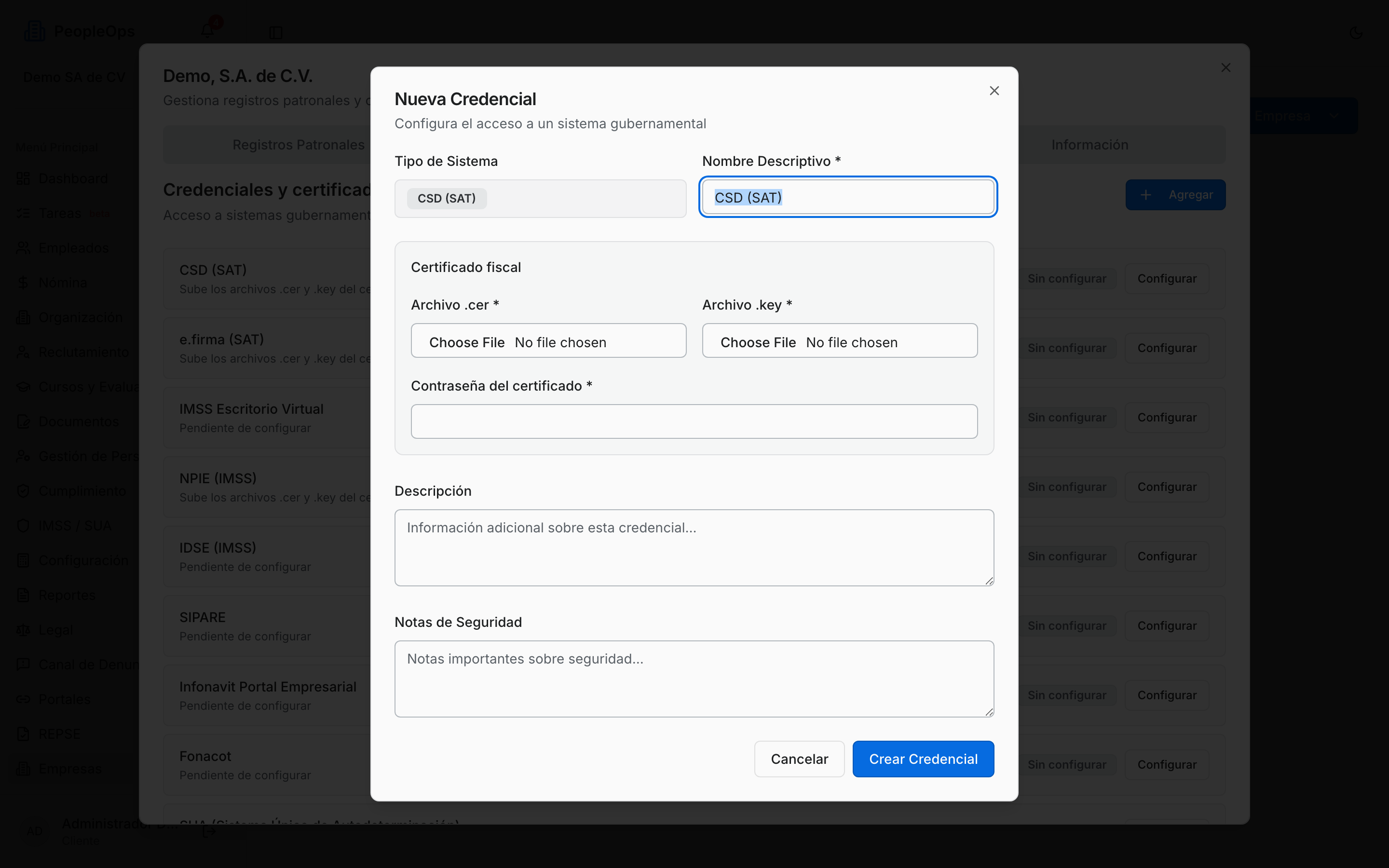 Ventana para configurar una credencial, en este caso el CSD