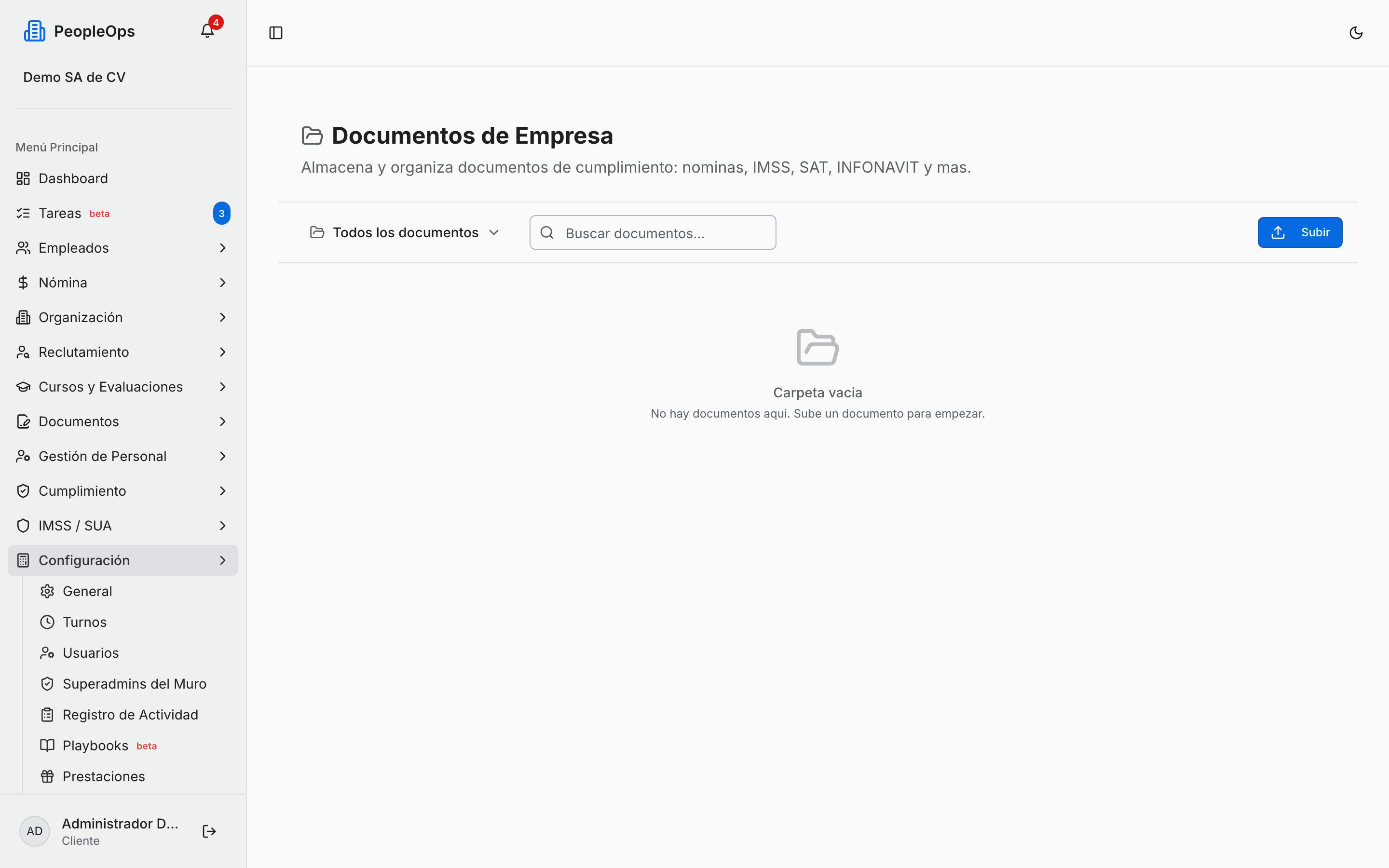 Documentos de Empresa, con la carpeta vacía antes de subir el primer archivo