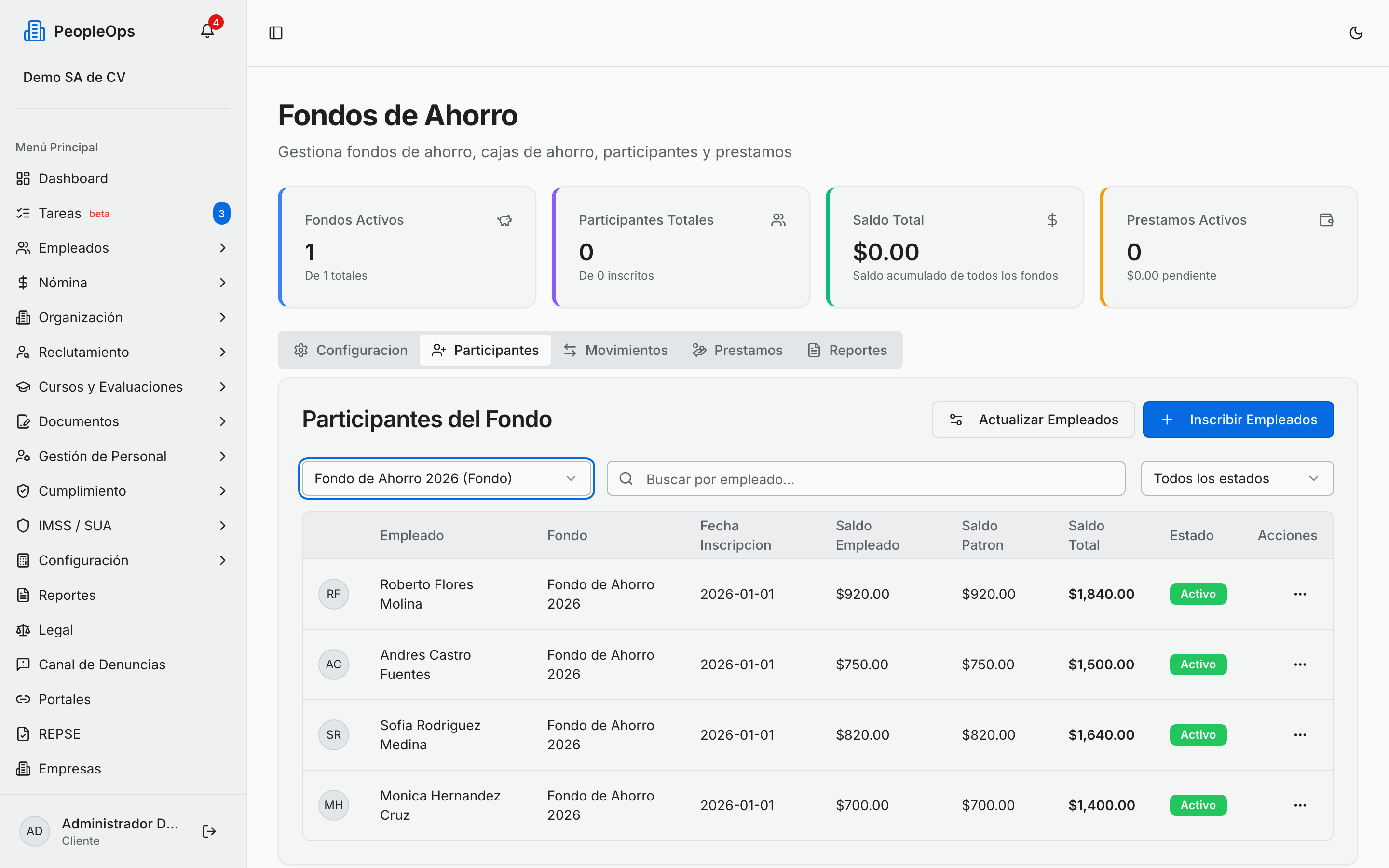 Participantes del fondo con su saldo