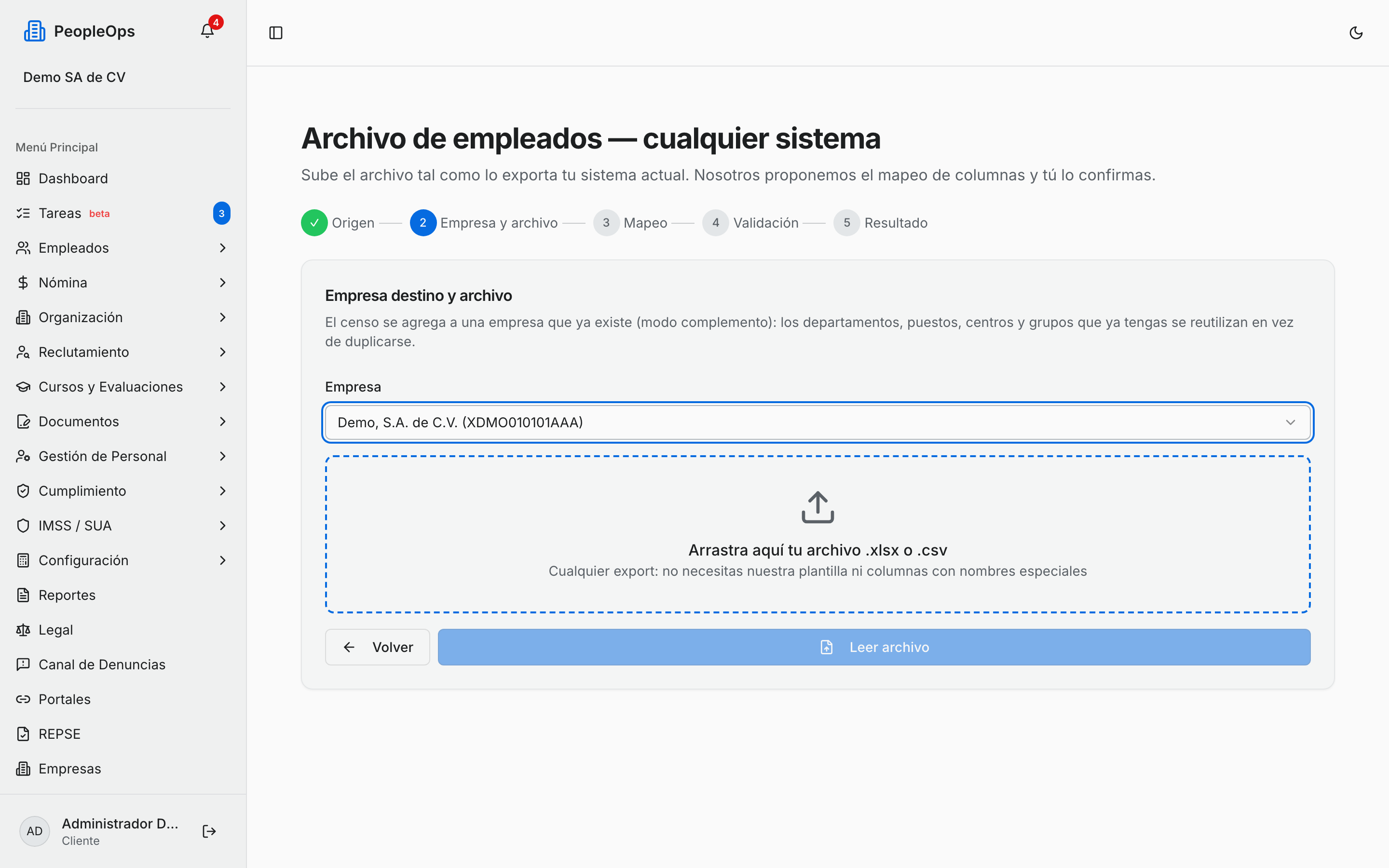 Paso 1: elegir la empresa y subir el archivo del censo