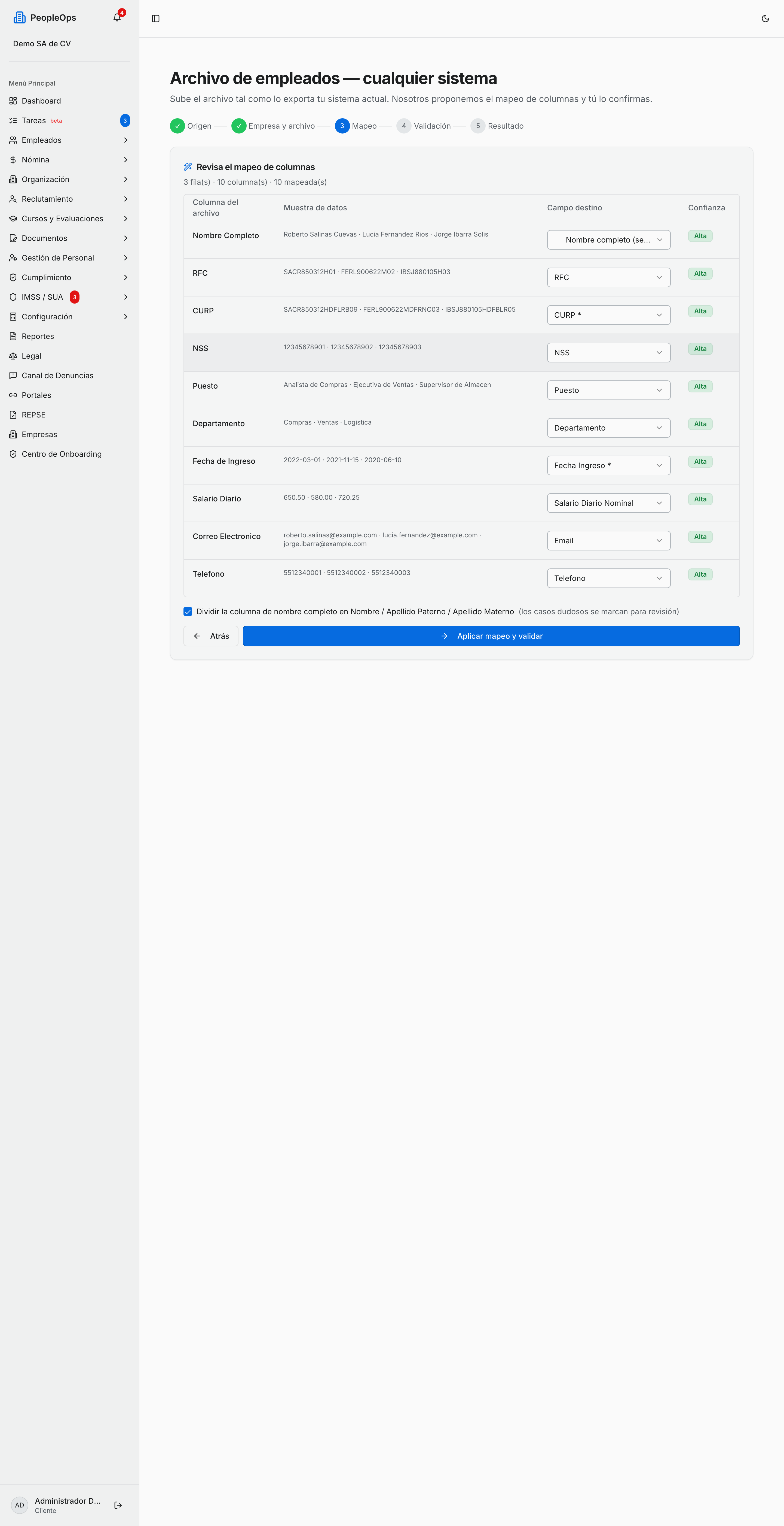 Paso 2: emparejar las columnas de tu archivo con los campos de PeopleOps
