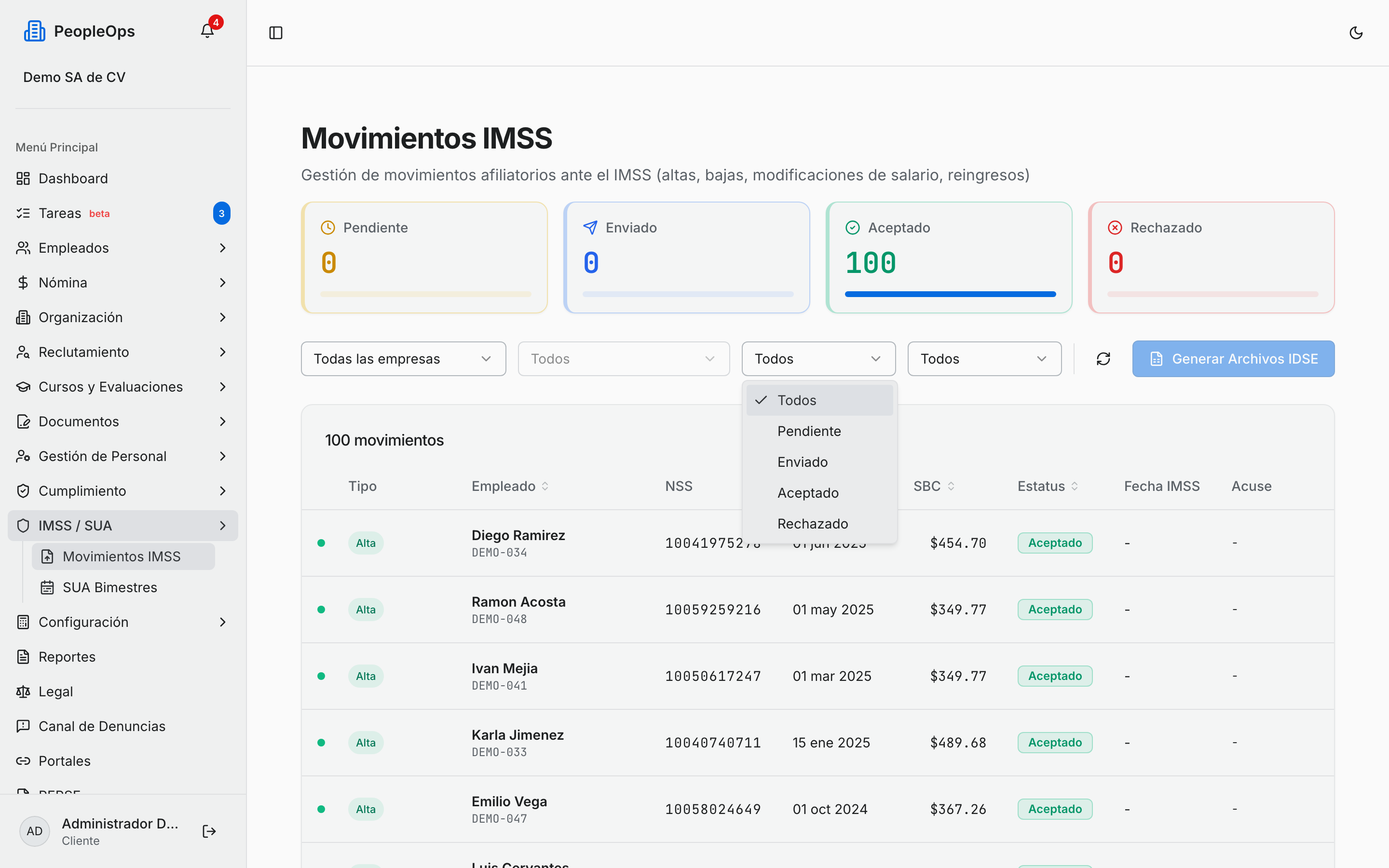 Filtro por estatus del movimiento