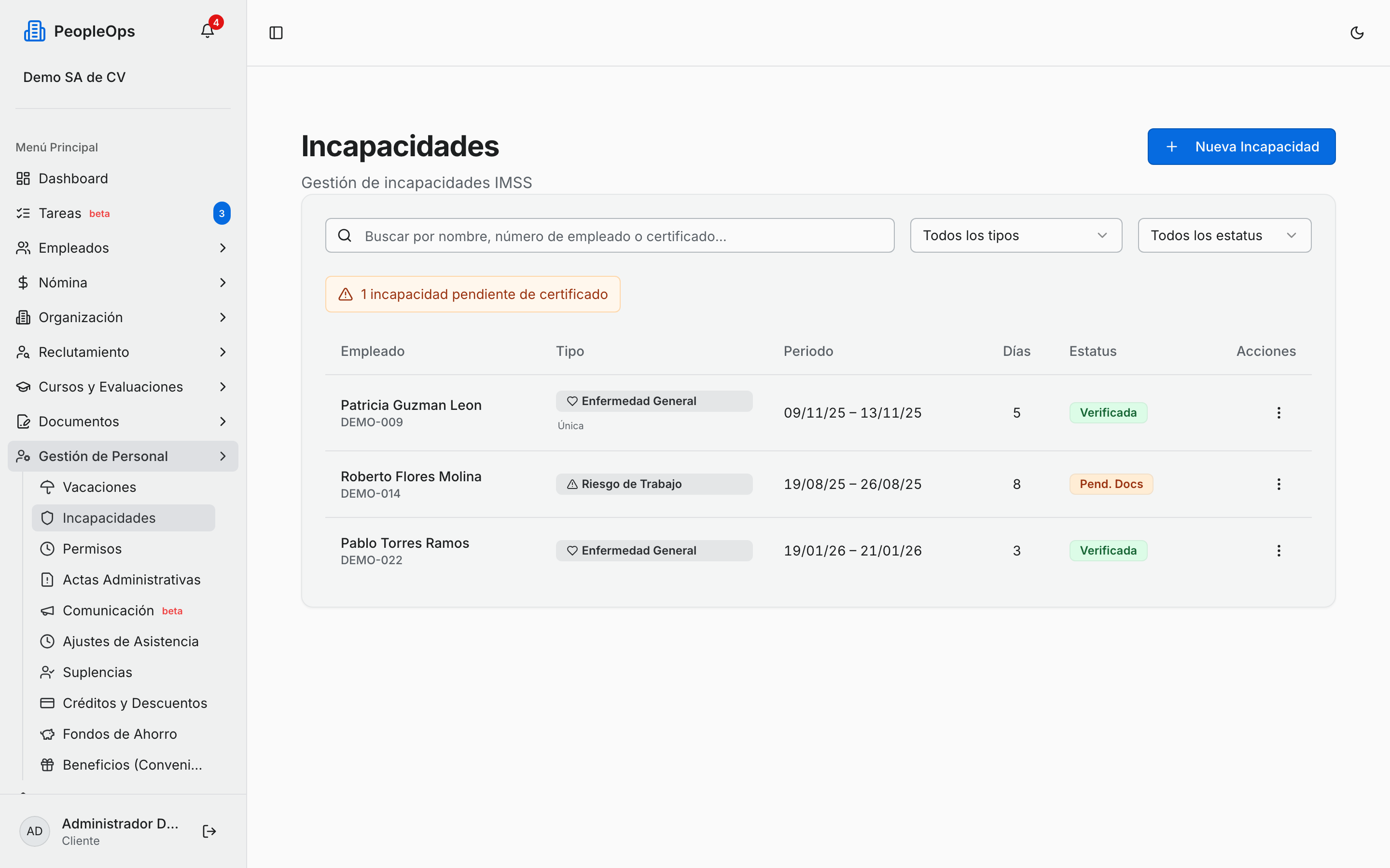 Listado de incapacidades