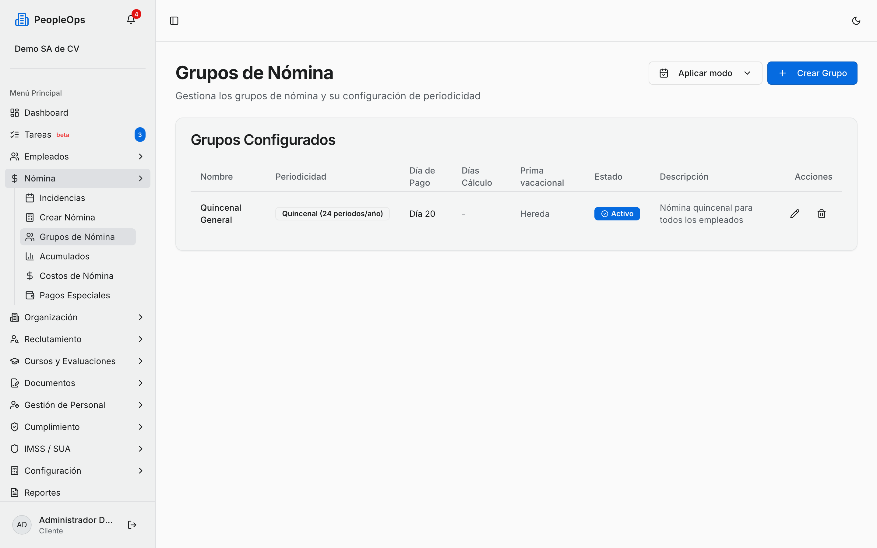 Listado de grupos de nómina configurados