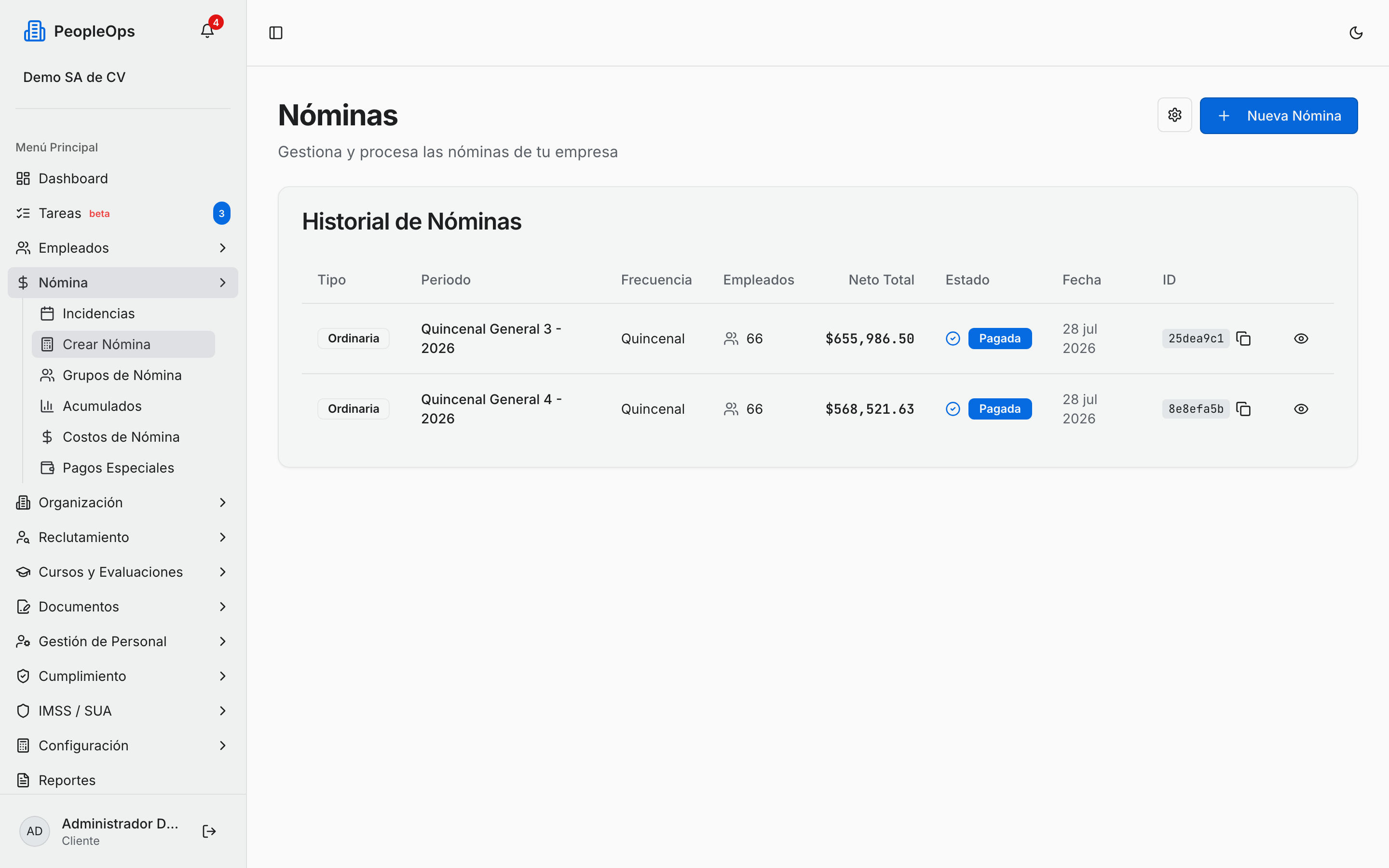 Historial de nóminas con su estado