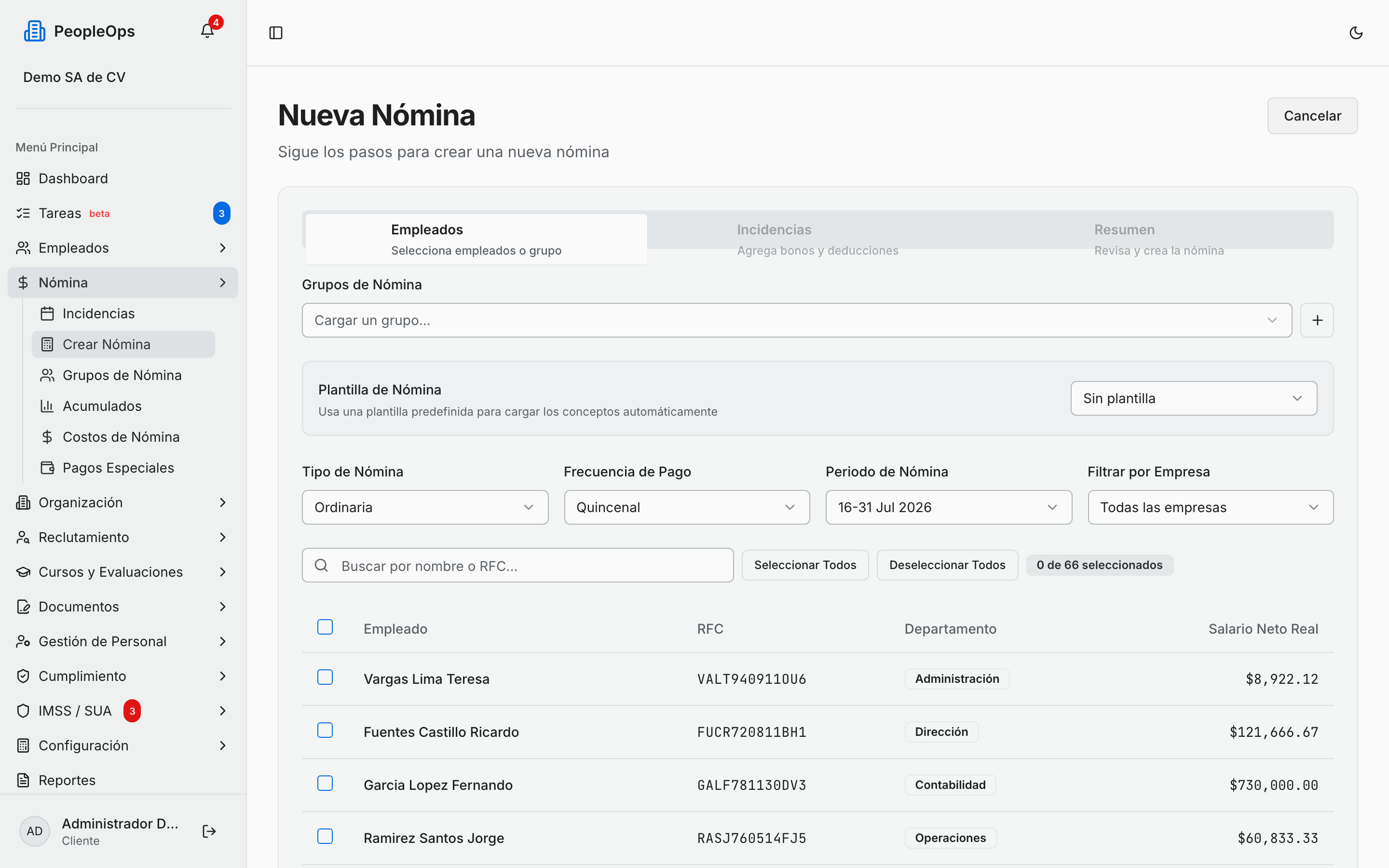 Primer paso: elegir grupo, tipo de nómina y periodo