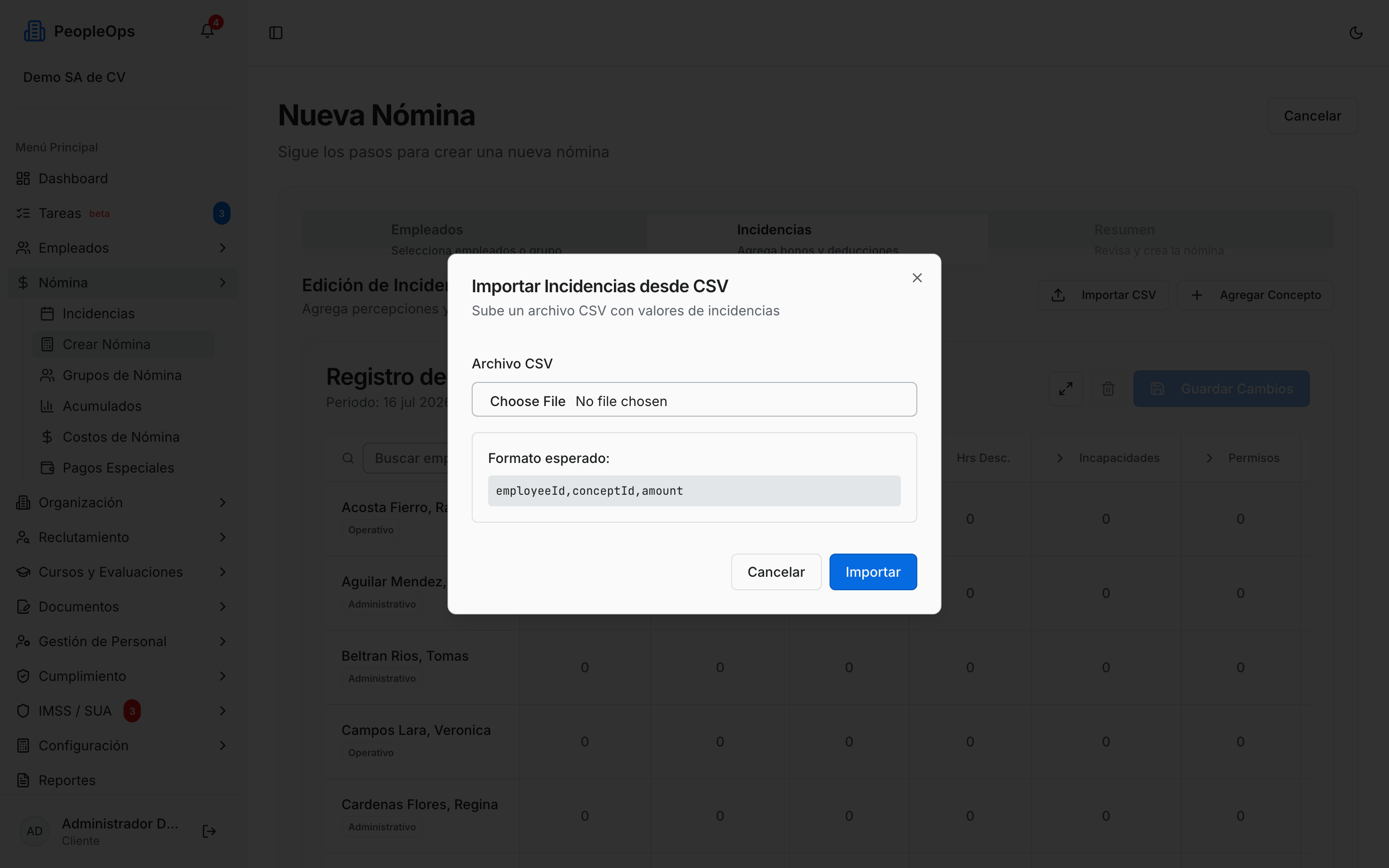 Diálogo Importar Incidencias desde CSV, con el formato esperado del archivo